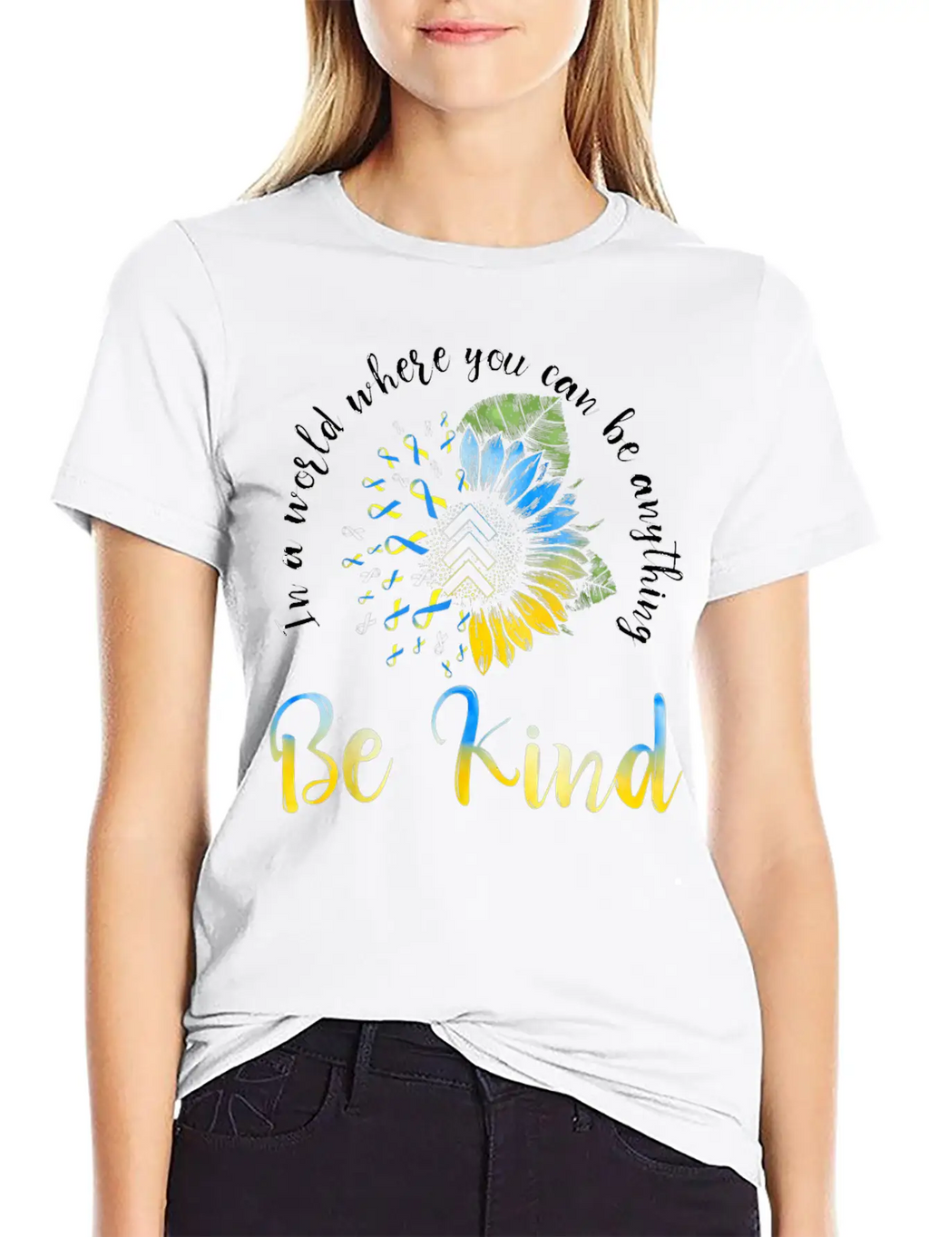 Be Kind Blue Yellow Ribbon Sunflower Down Syndrome Unisex Casual T-Shirt – Clean Design For Daily Comfort