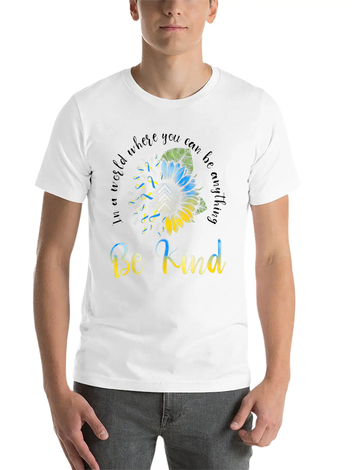 Be Kind Blue Yellow Ribbon Sunflower Down Syndrome Unisex Casual T-Shirt – Clean Design For Daily Comfort