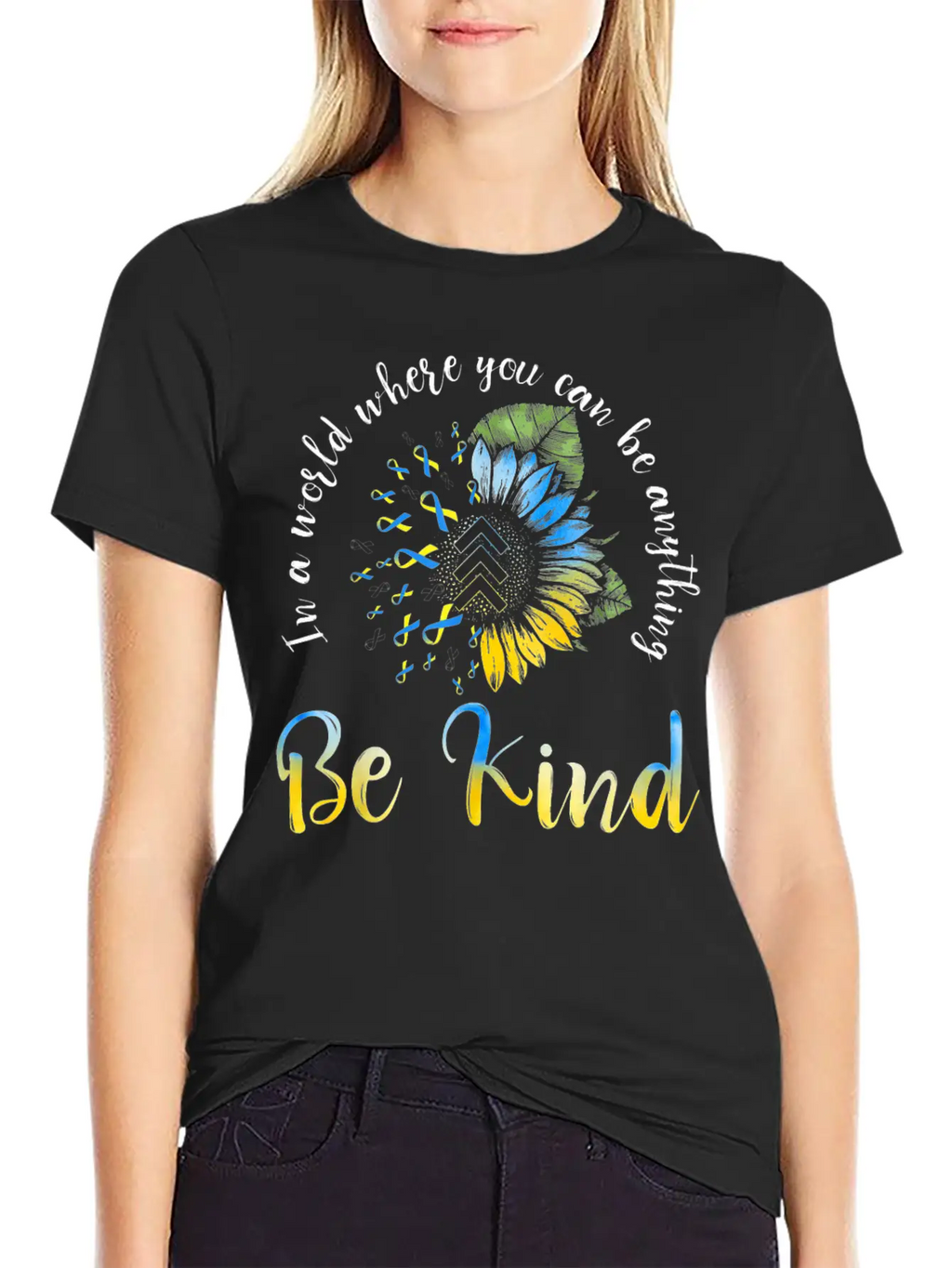 Be Kind Blue Yellow Ribbon Sunflower Down Syndrome Unisex Casual T-Shirt – Clean Design For Daily Comfort