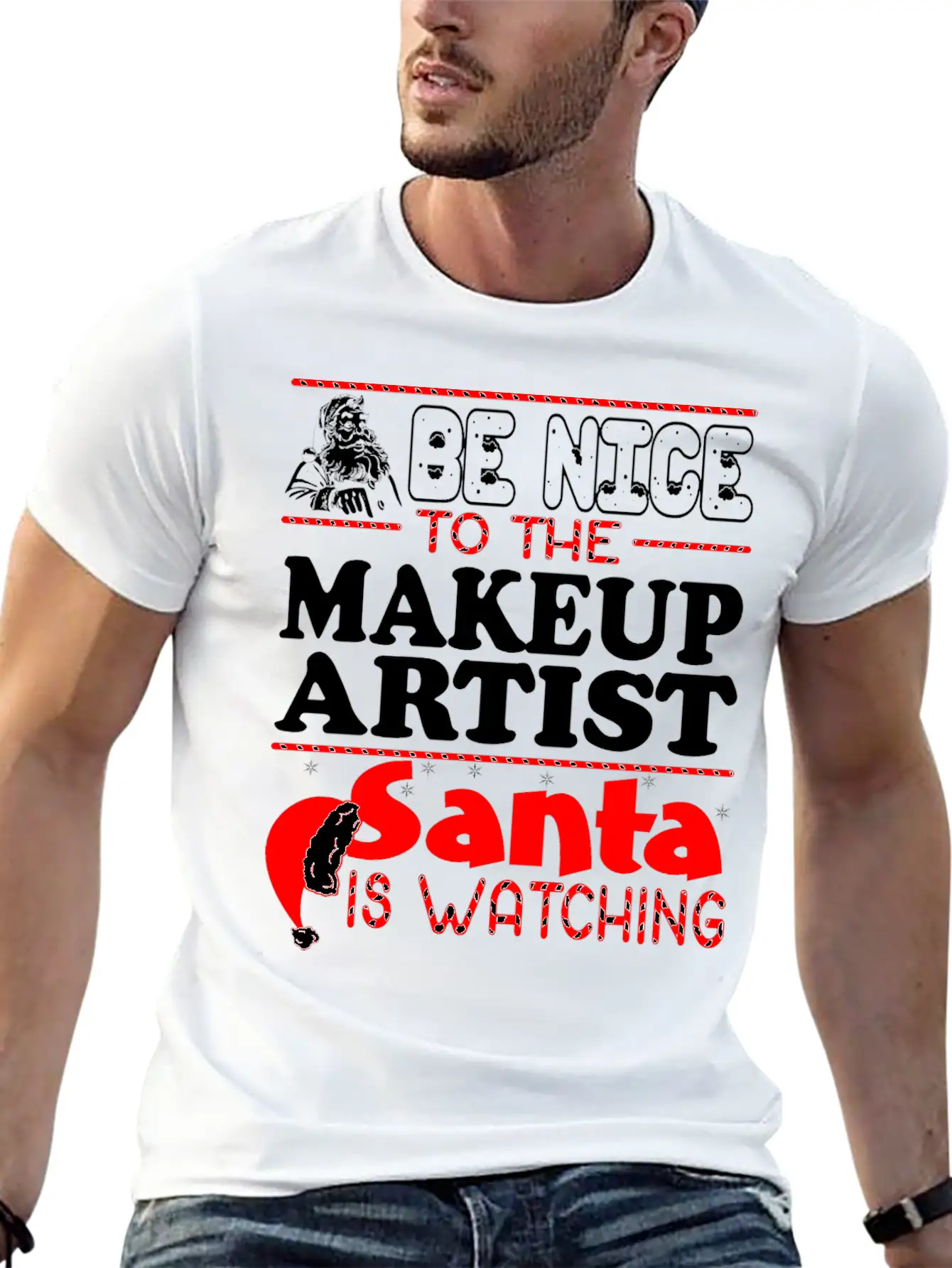 Be Nice To Makeup Artist Santa Watching Unisex Short Sleeve Soft Cotton T-Shirt – Casual Everyday Wear
