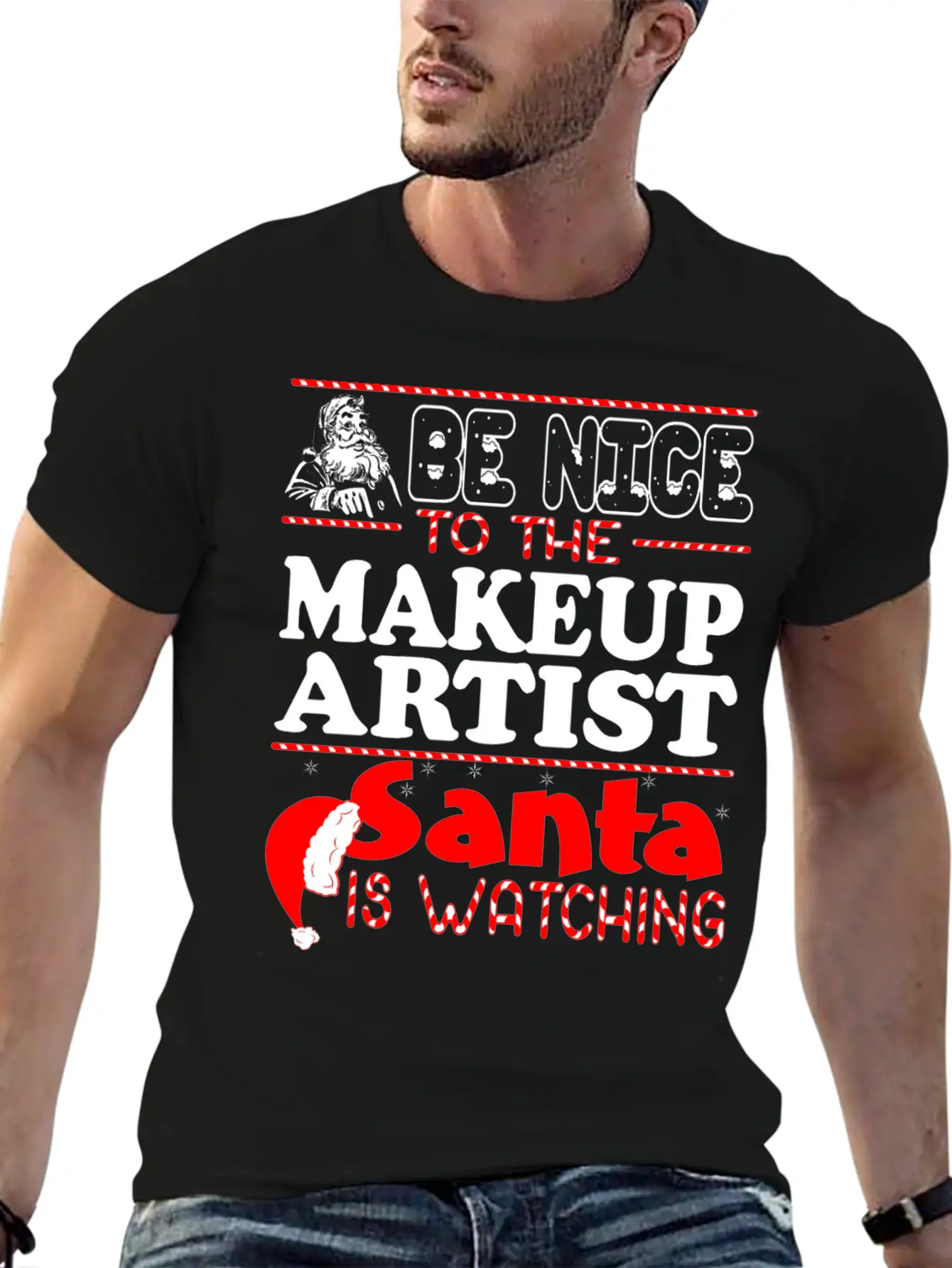 Be Nice To Makeup Artist Santa Watching Unisex Short Sleeve Soft Cotton T-Shirt – Casual Everyday Wear