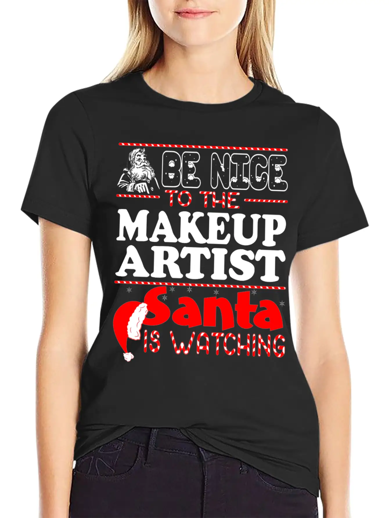 Be Nice To Makeup Artist Santa Watching Unisex Short Sleeve Soft Cotton T-Shirt – Casual Everyday Wear