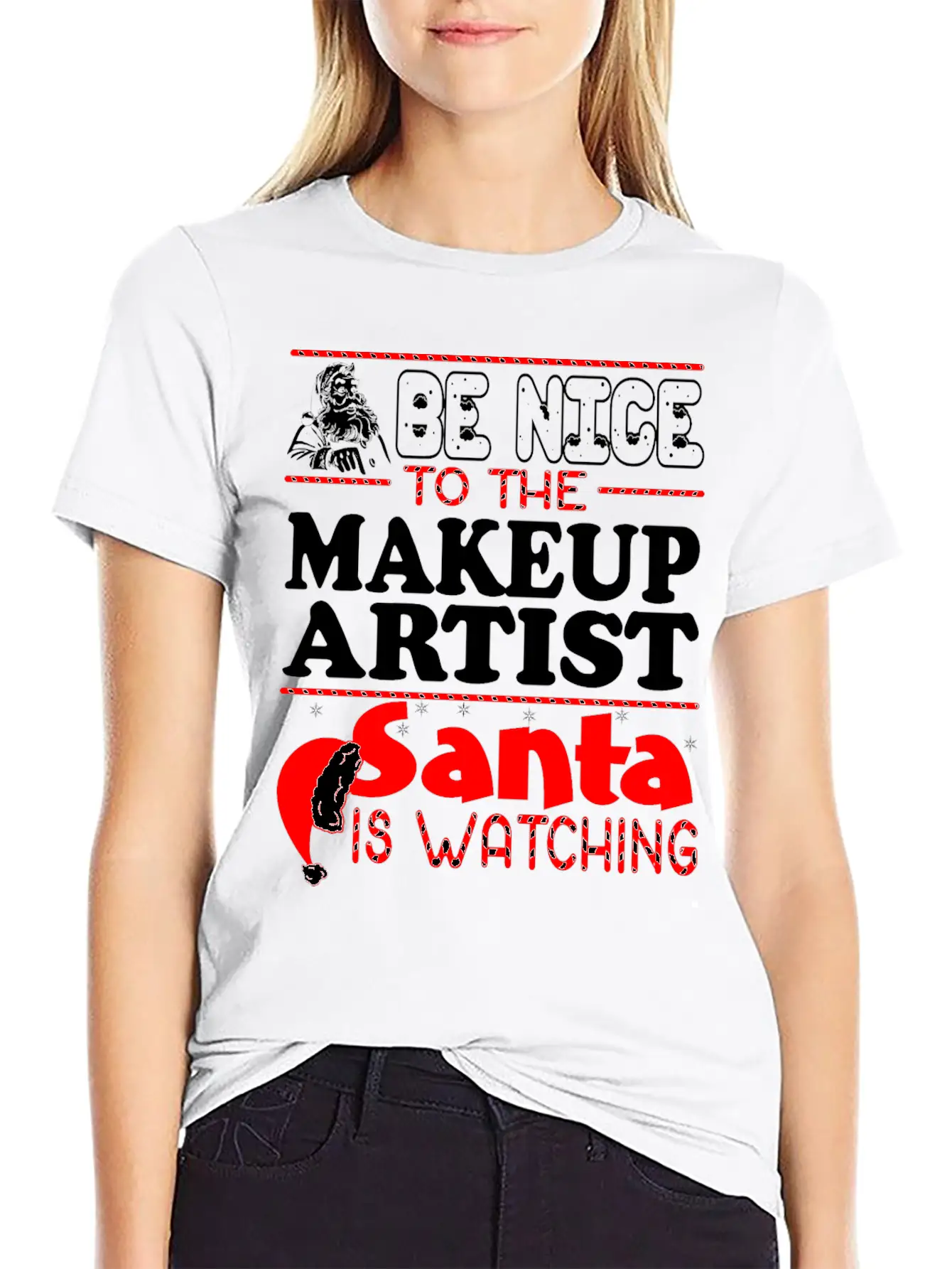 Be Nice To Makeup Artist Santa Watching Unisex Short Sleeve Soft Cotton T-Shirt – Casual Everyday Wear