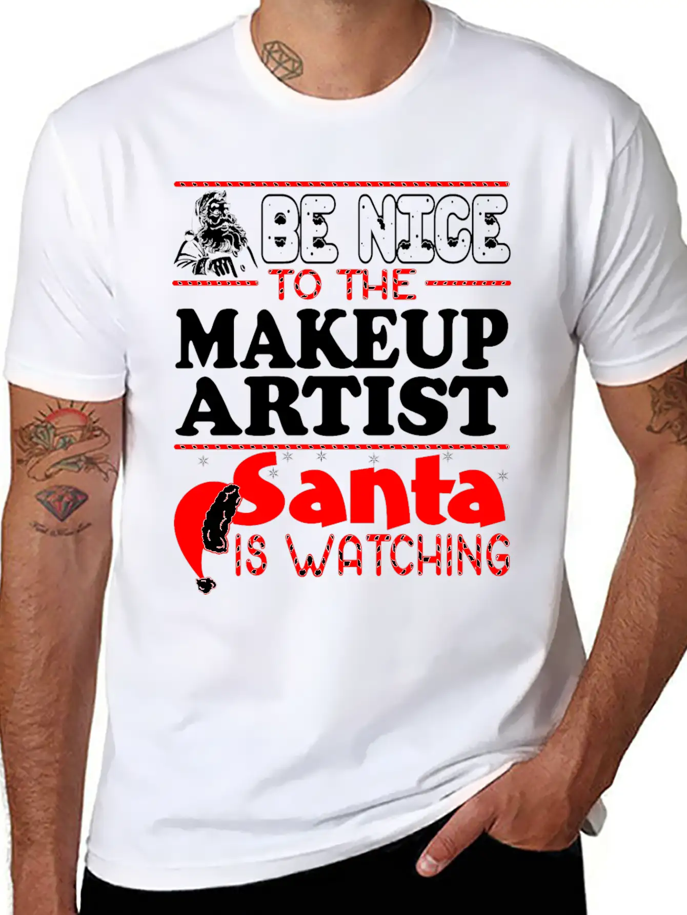 Be Nice To Makeup Artist Santa Watching Unisex Short Sleeve Soft Cotton T-Shirt – Casual Everyday Wear