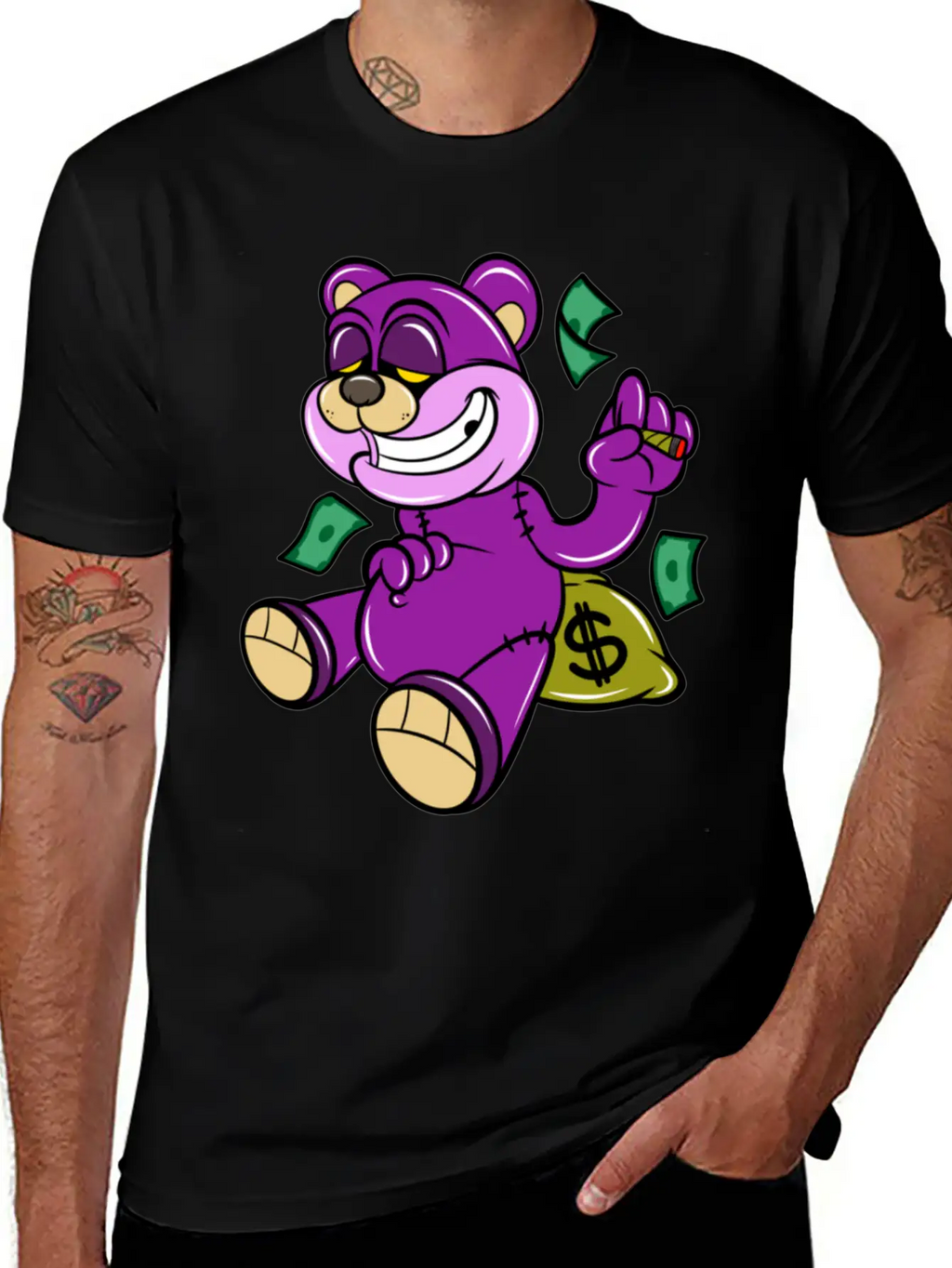 Bear And Money Bag Cartoon Casual Graphic T-Shirt – Simple And Comfortable Daily Wear