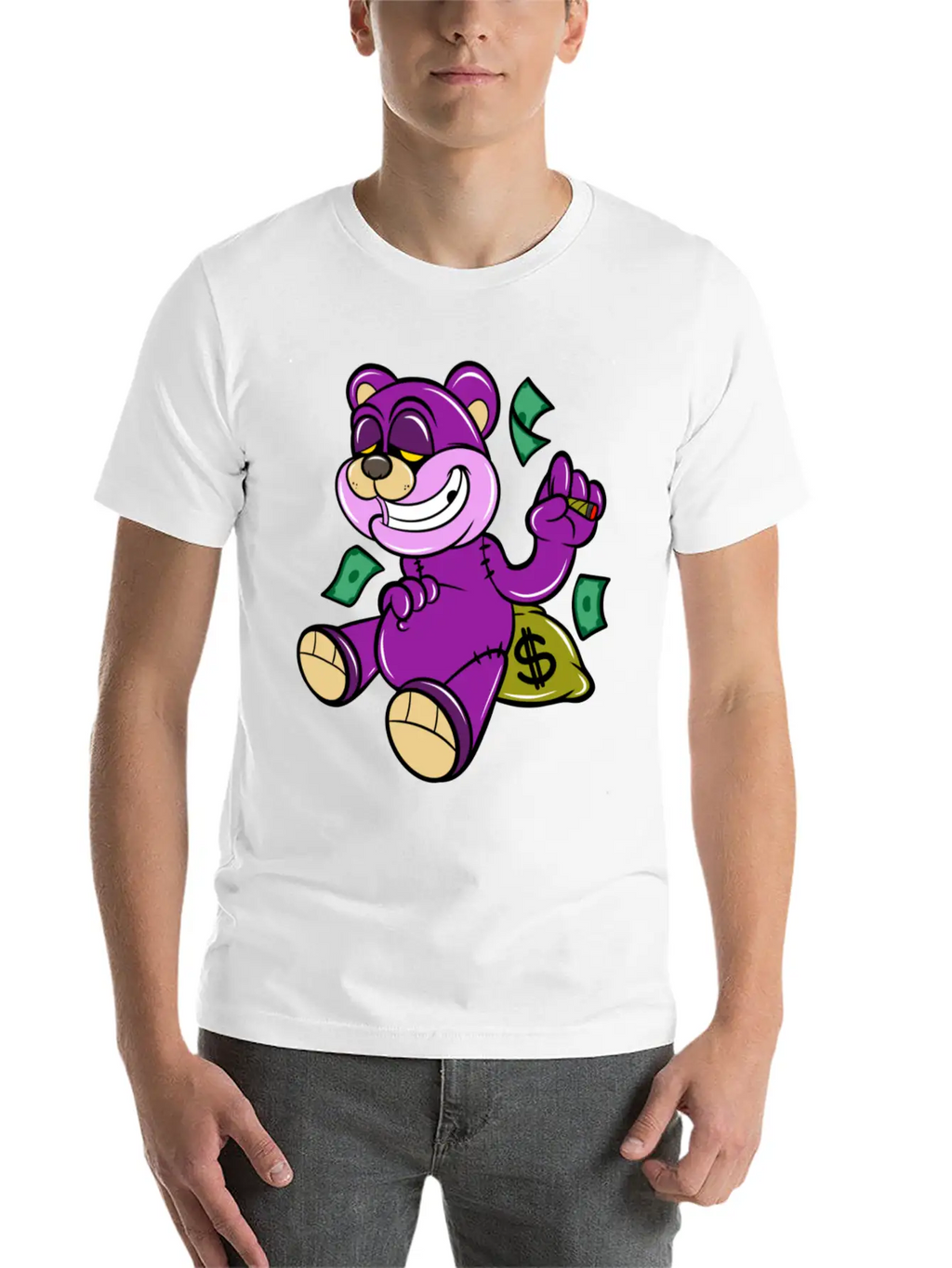 Bear And Money Bag Cartoon Casual Graphic T-Shirt – Simple And Comfortable Daily Wear