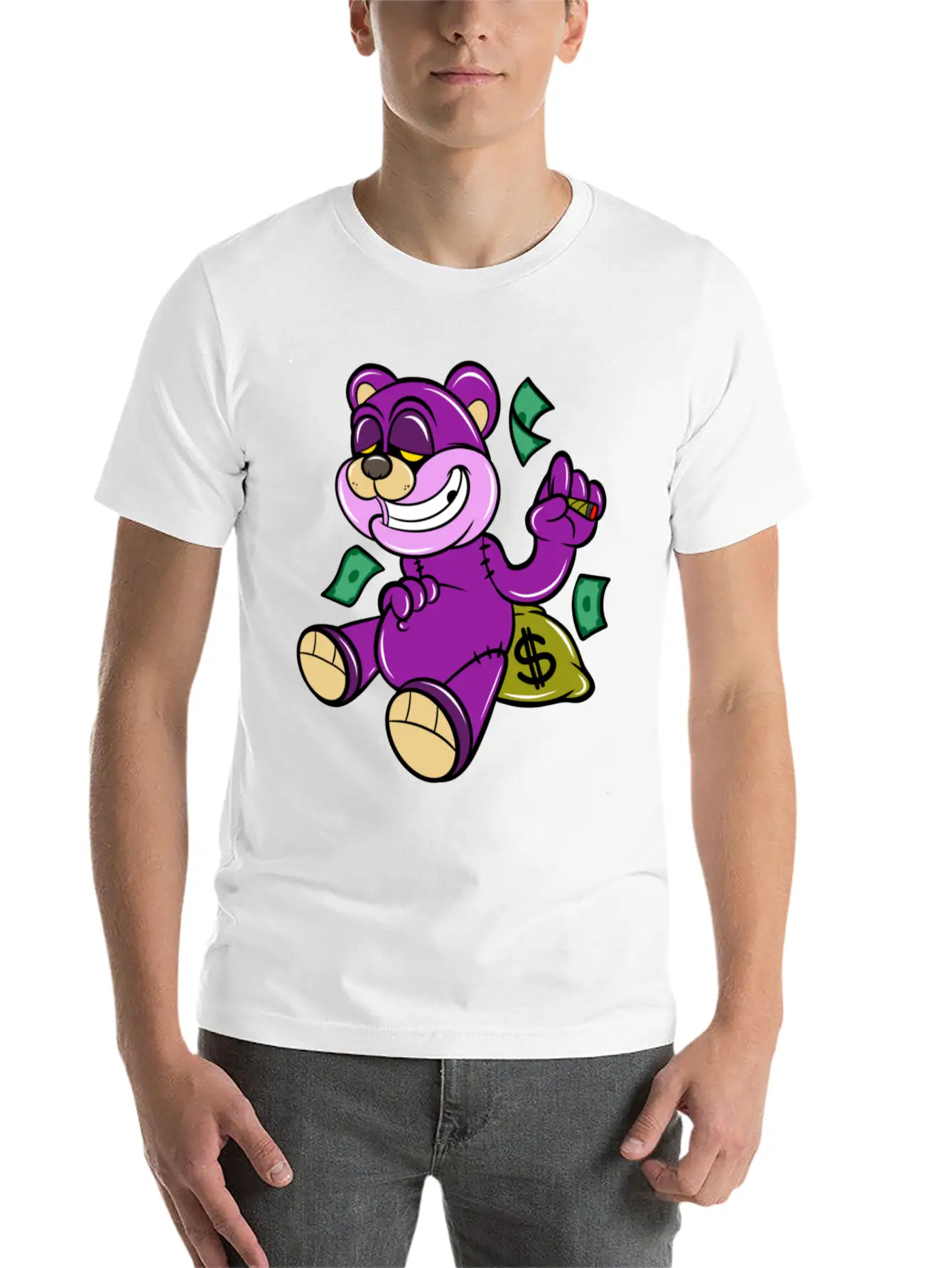 Bear And Money Bag Cartoon Casual Graphic T-Shirt – Simple And Comfortable Daily Wear
