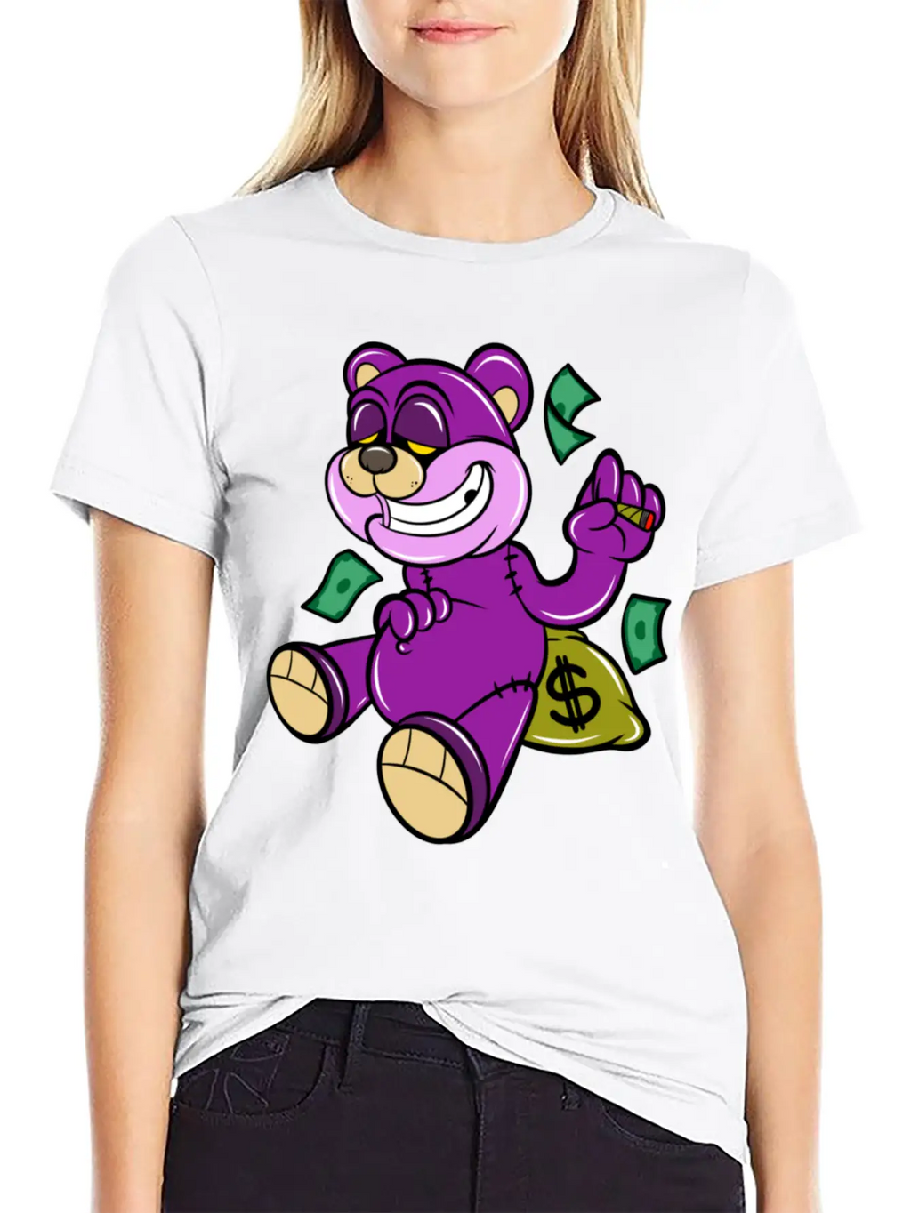 Bear And Money Bag Cartoon Casual Graphic T-Shirt – Simple And Comfortable Daily Wear