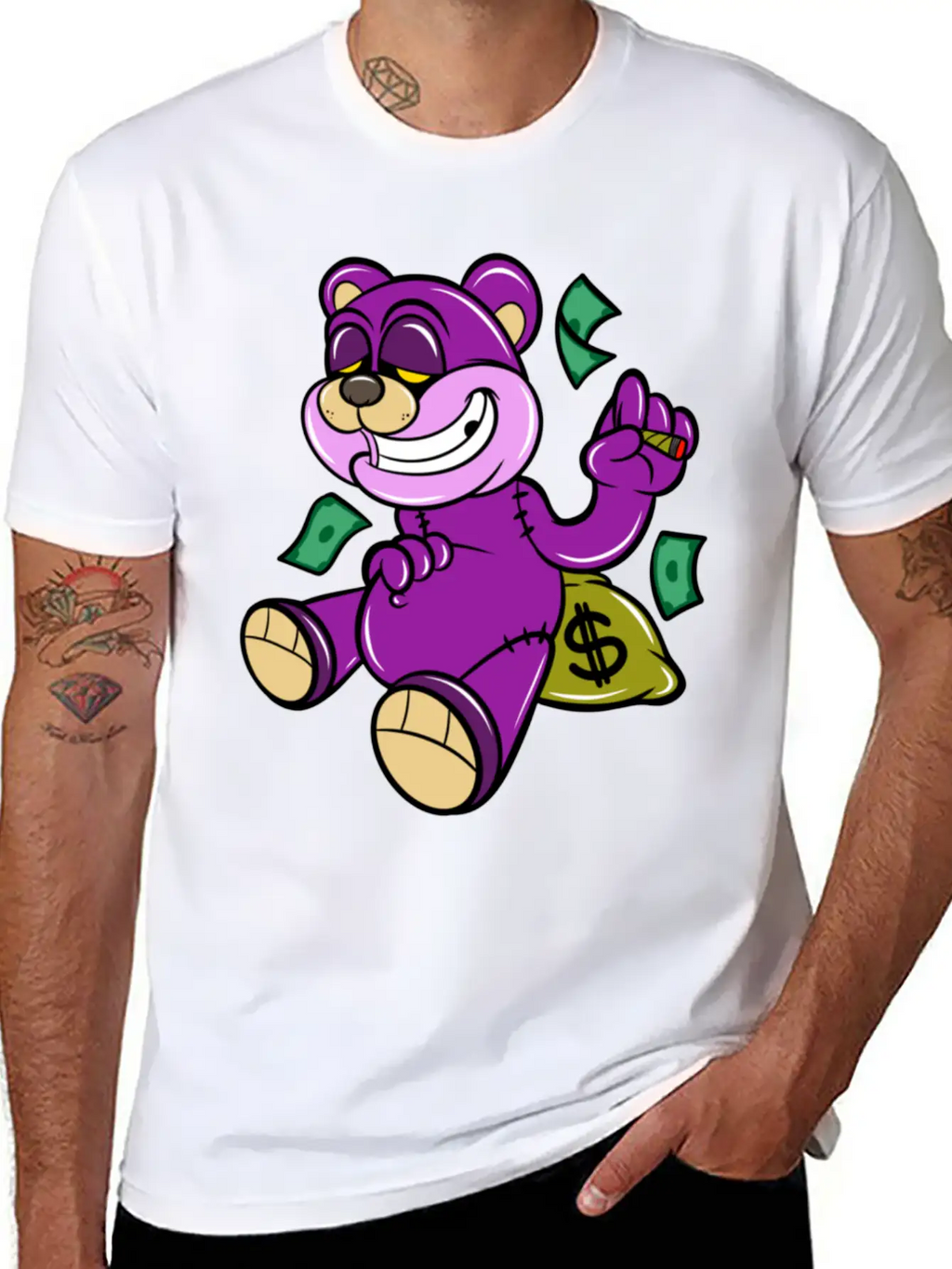 Bear And Money Bag Cartoon Casual Graphic T-Shirt – Simple And Comfortable Daily Wear