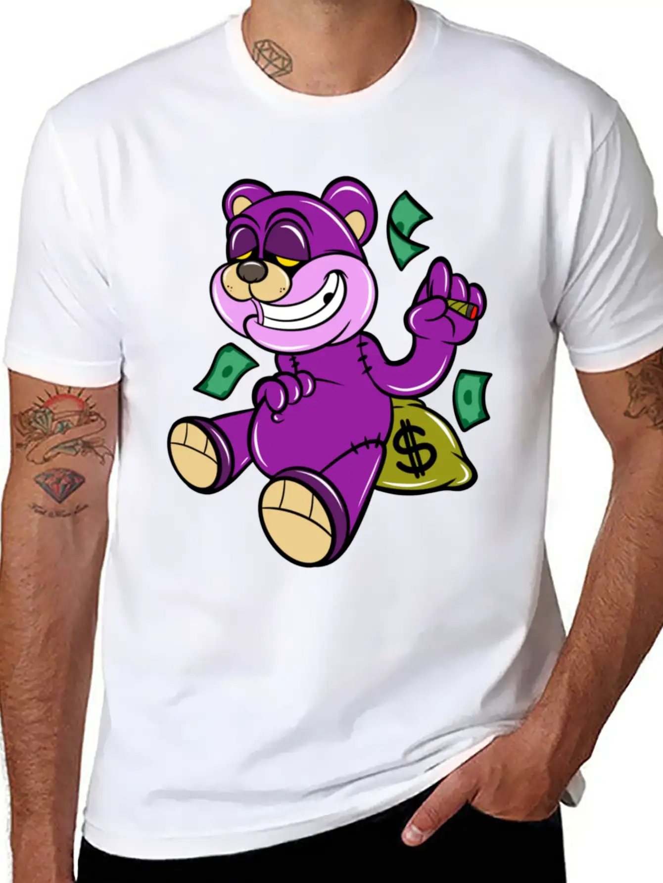 Bear And Money Bag Cartoon Casual Graphic T-Shirt – Simple And Comfortable Daily Wear