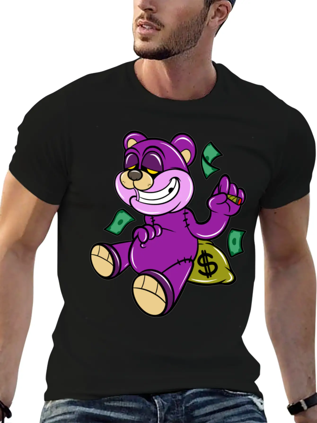 Bear And Money Bag Cartoon Casual Graphic T-Shirt – Simple And Comfortable Daily Wear