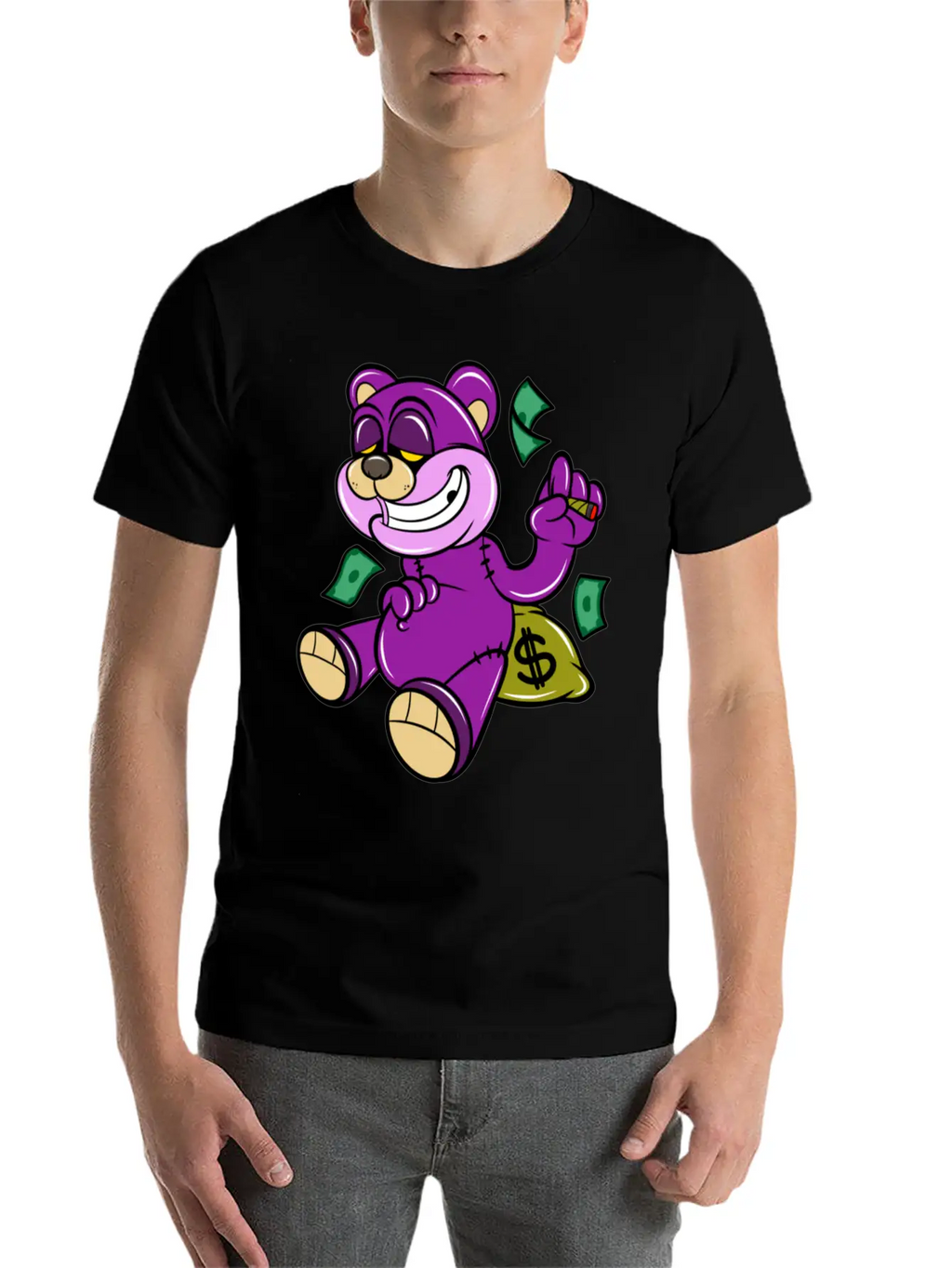 Bear And Money Bag Cartoon Casual Graphic T-Shirt – Simple And Comfortable Daily Wear