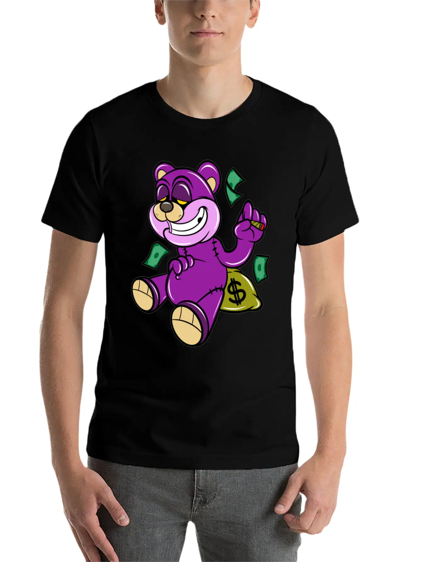 Bear And Money Bag Cartoon Casual Graphic T-Shirt – Simple And Comfortable Daily Wear