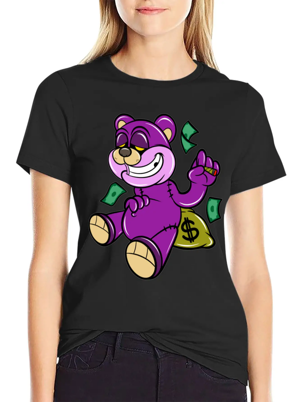 Bear And Money Bag Cartoon Casual Graphic T-Shirt – Simple And Comfortable Daily Wear