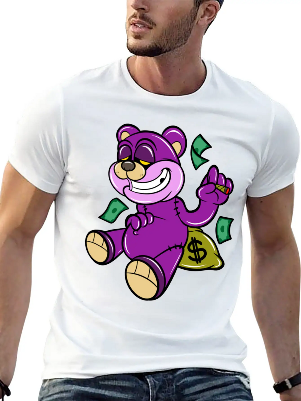 Bear And Money Bag Cartoon Casual Graphic T-Shirt – Simple And Comfortable Daily Wear