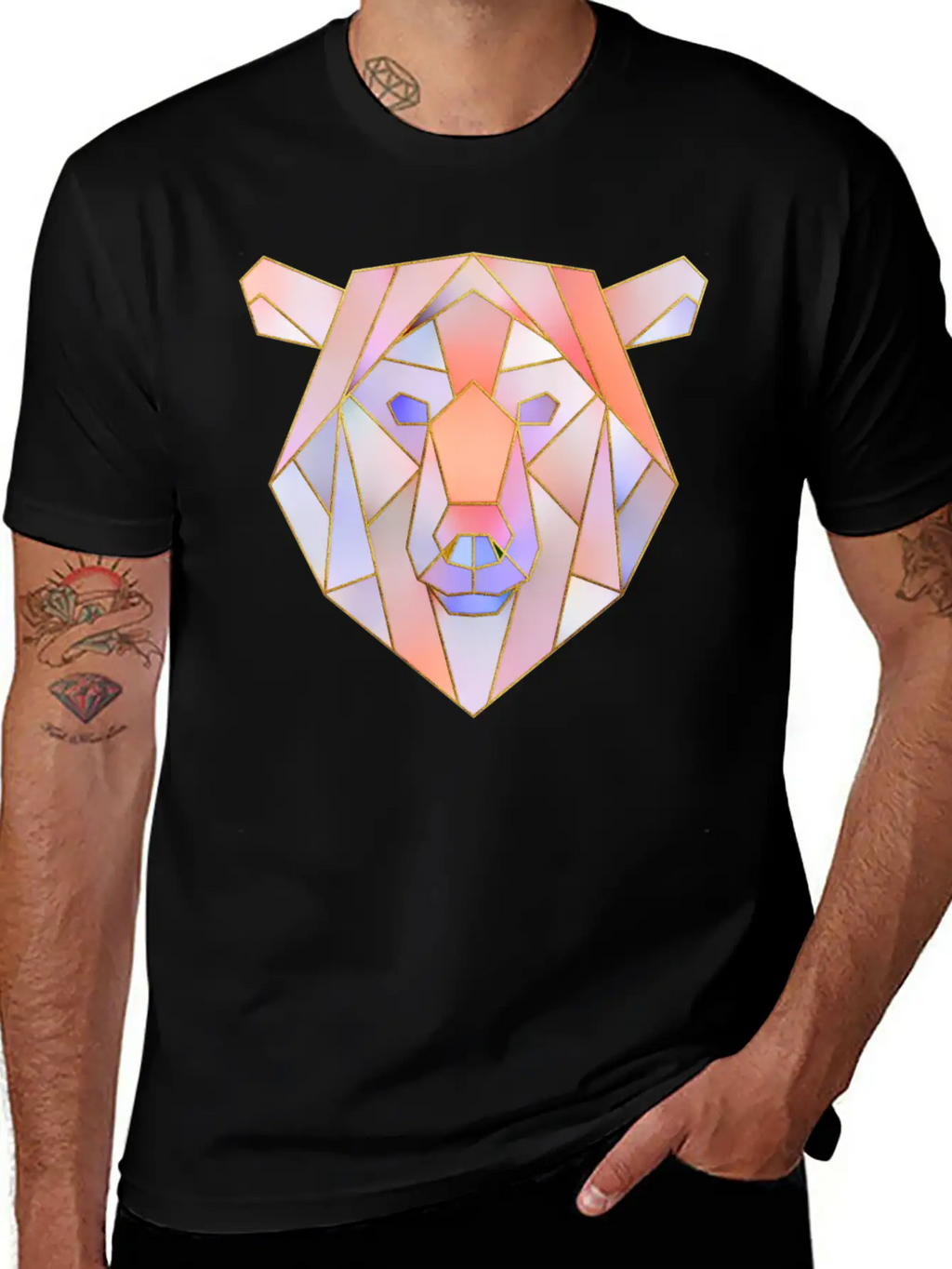 Bear Head Geometric Gold Lines Unisex Casual T-Shirt – Clean Design For Daily Comfort