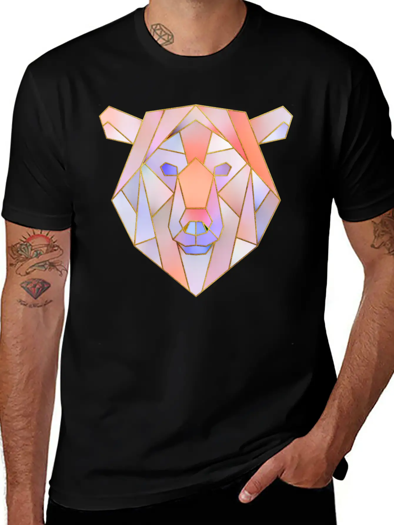Bear Head Geometric Gold Lines Unisex Casual T-Shirt – Clean Design For Daily Comfort