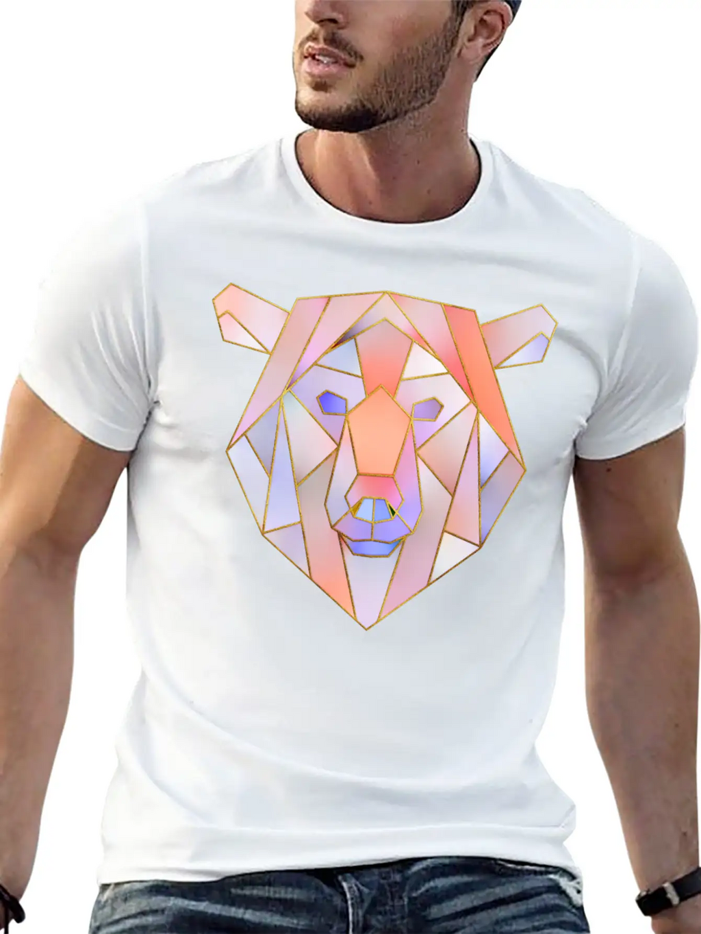 Bear Head Geometric Gold Lines Unisex Casual T-Shirt – Clean Design For Daily Comfort