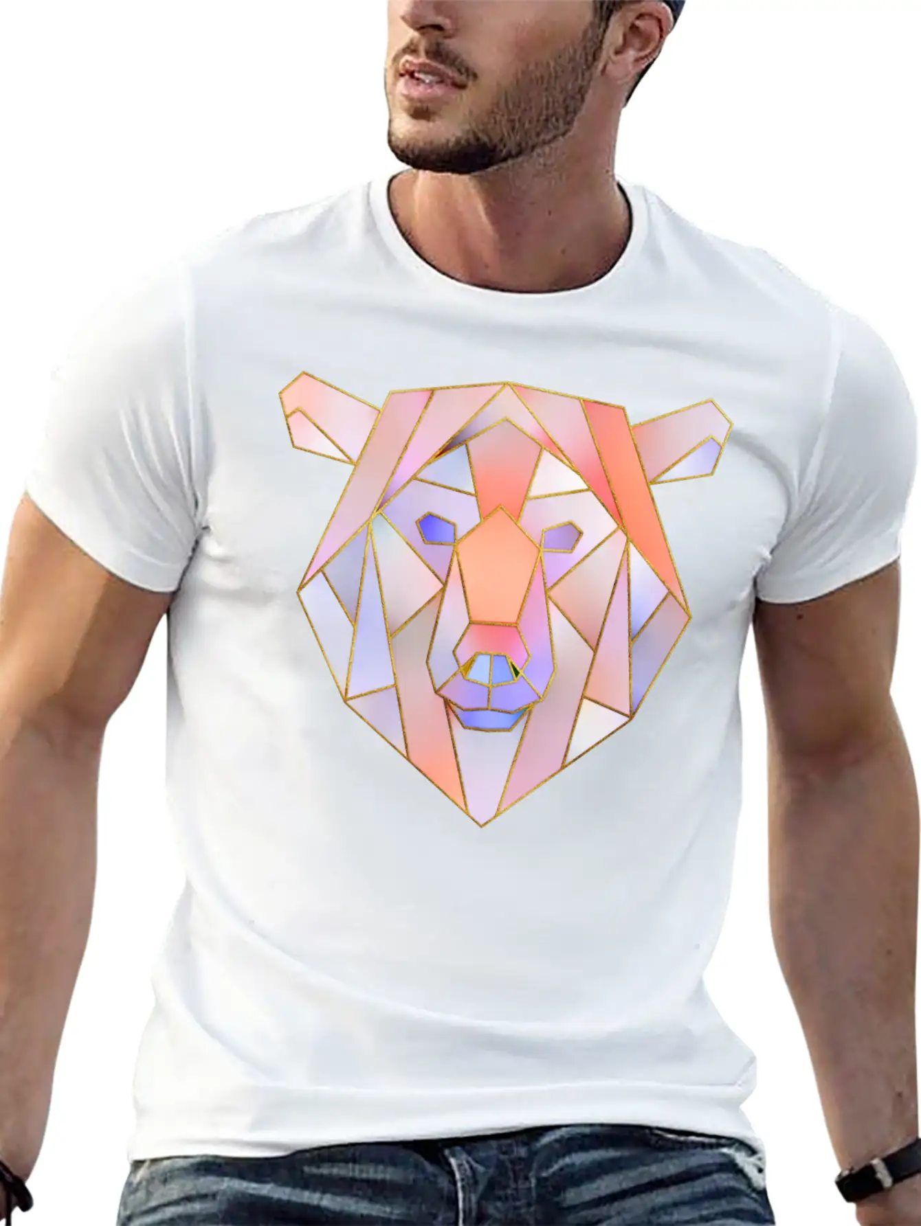 Bear Head Geometric Gold Lines Unisex Casual T-Shirt – Clean Design For Daily Comfort