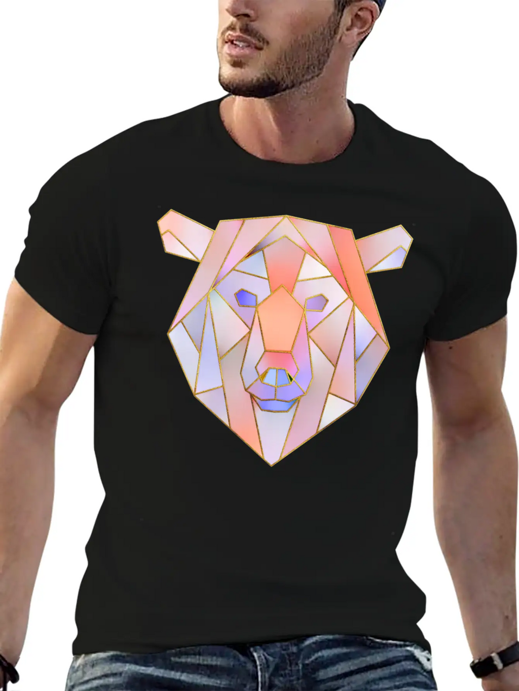 Bear Head Geometric Gold Lines Unisex Casual T-Shirt – Clean Design For Daily Comfort