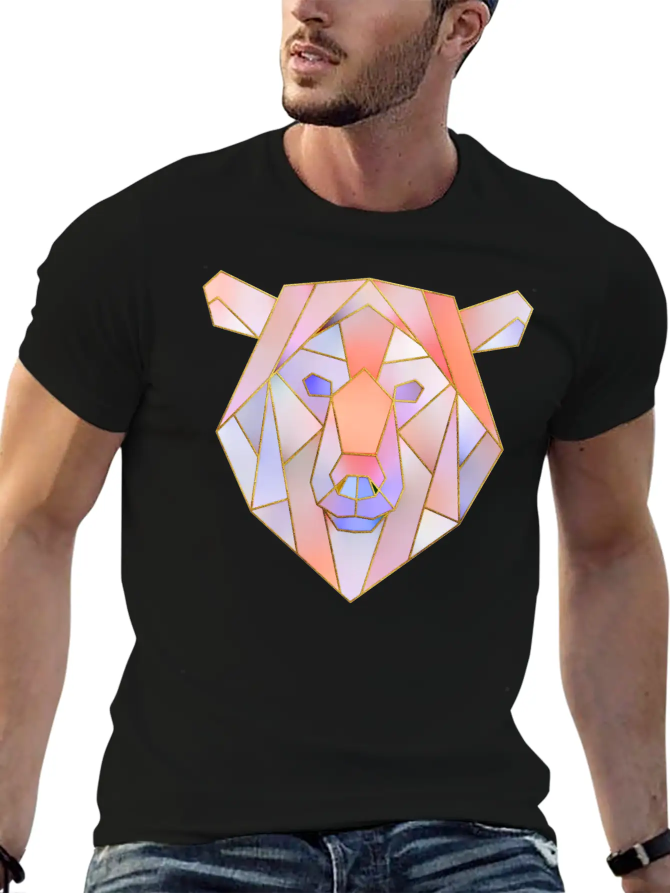 Bear Head Geometric Gold Lines Unisex Casual T-Shirt – Clean Design For Daily Comfort