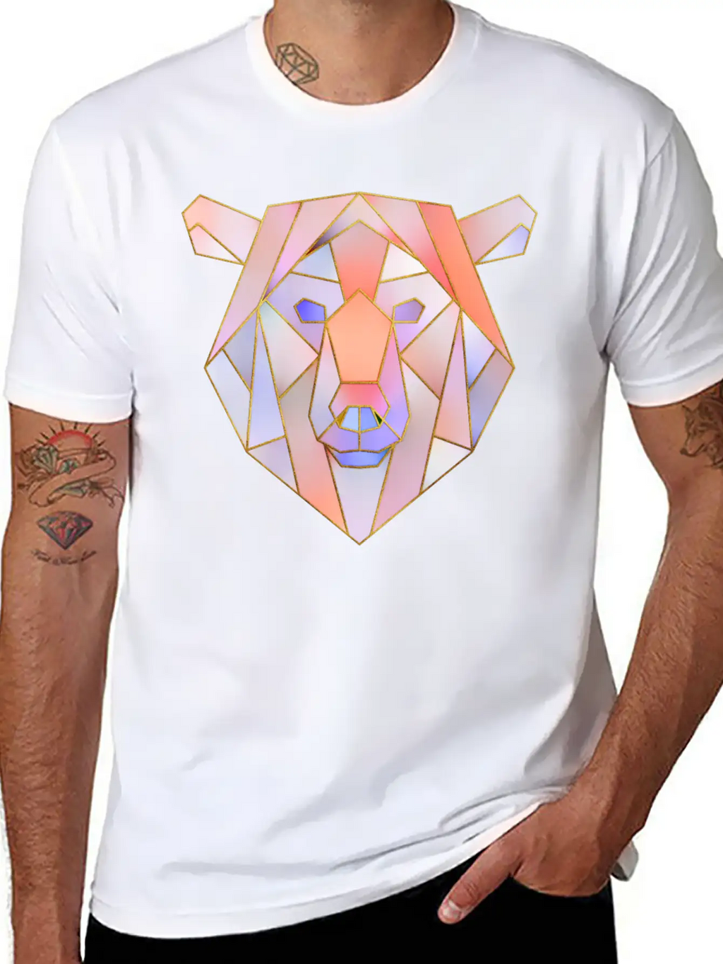 Bear Head Geometric Gold Lines Unisex Casual T-Shirt – Clean Design For Daily Comfort