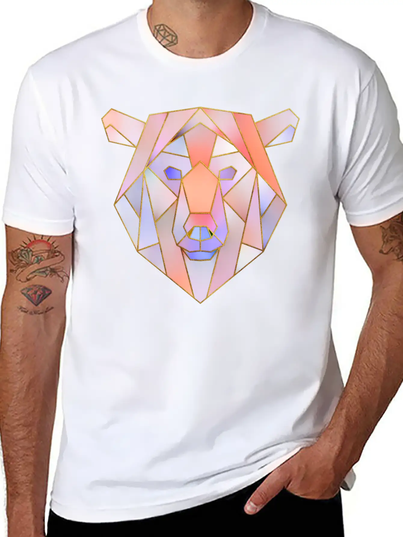 Bear Head Geometric Gold Lines Unisex Casual T-Shirt – Clean Design For Daily Comfort