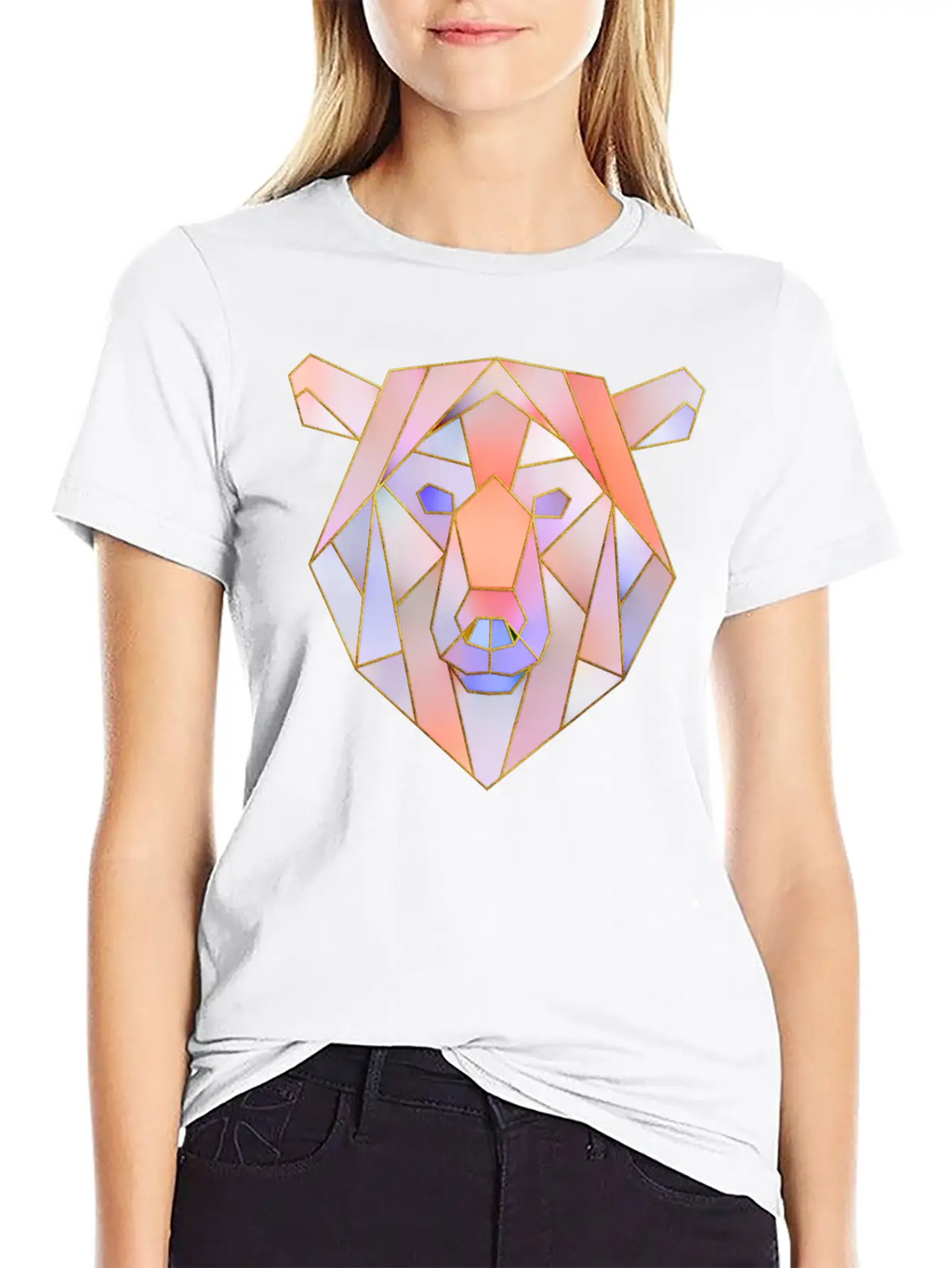 Bear Head Geometric Gold Lines Unisex Casual T-Shirt – Clean Design For Daily Comfort