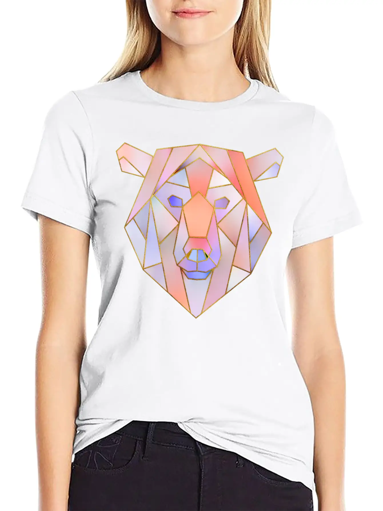 Bear Head Geometric Gold Lines Unisex Casual T-Shirt – Clean Design For Daily Comfort