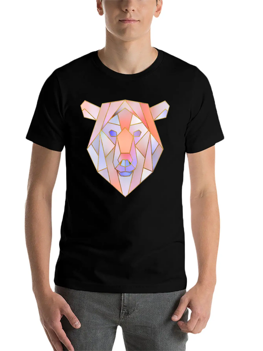 Bear Head Geometric Gold Lines Unisex Casual T-Shirt – Clean Design For Daily Comfort