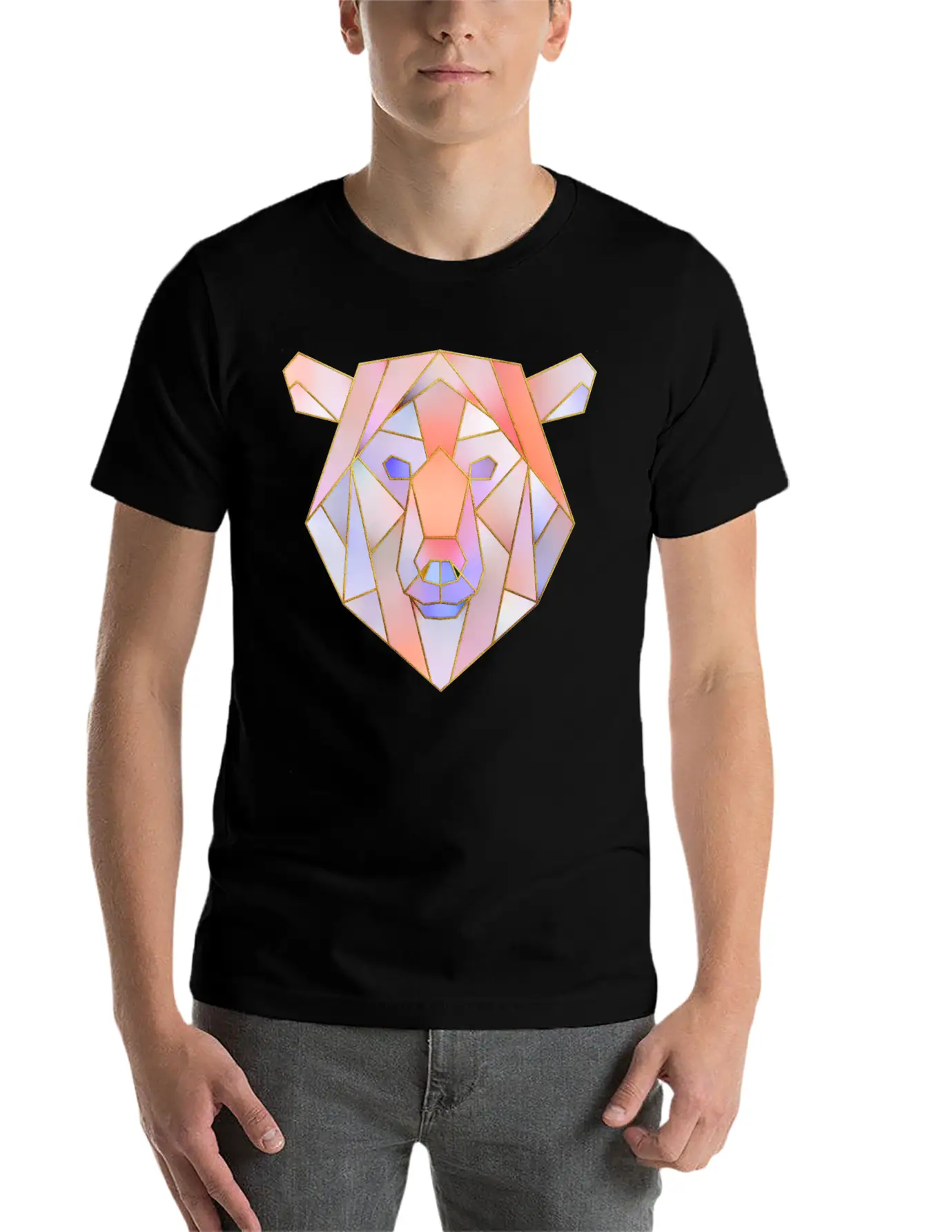 Bear Head Geometric Gold Lines Unisex Casual T-Shirt – Clean Design For Daily Comfort