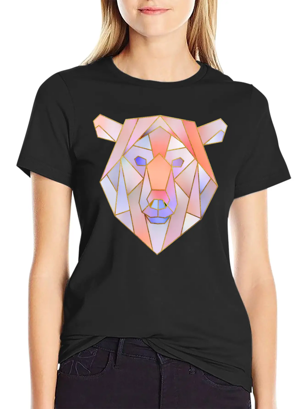Bear Head Geometric Gold Lines Unisex Casual T-Shirt – Clean Design For Daily Comfort
