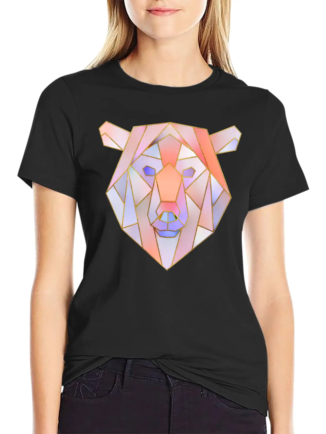 Bear Head Geometric Gold Lines Unisex Casual T-Shirt – Clean Design For Daily Comfort