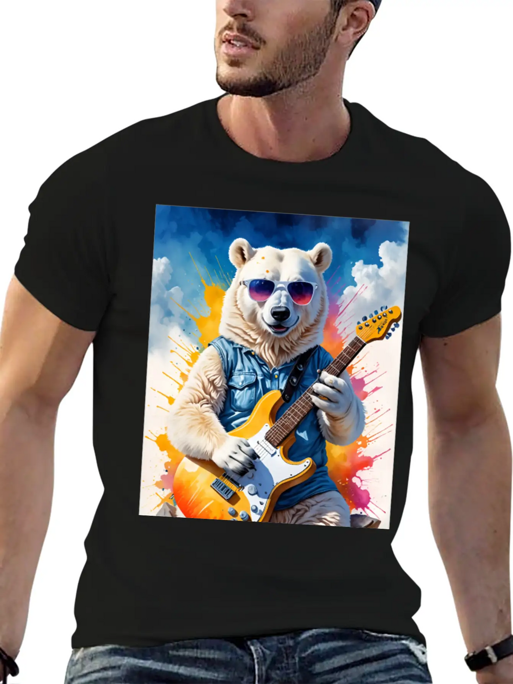 Bear Play Guitar Unisex Short Sleeve Soft Cotton T-Shirt – Casual Everyday Wear