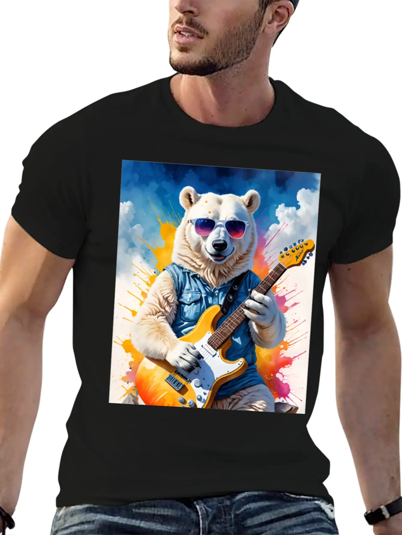 Bear Play Guitar Unisex Short Sleeve Soft Cotton T-Shirt – Casual Everyday Wear