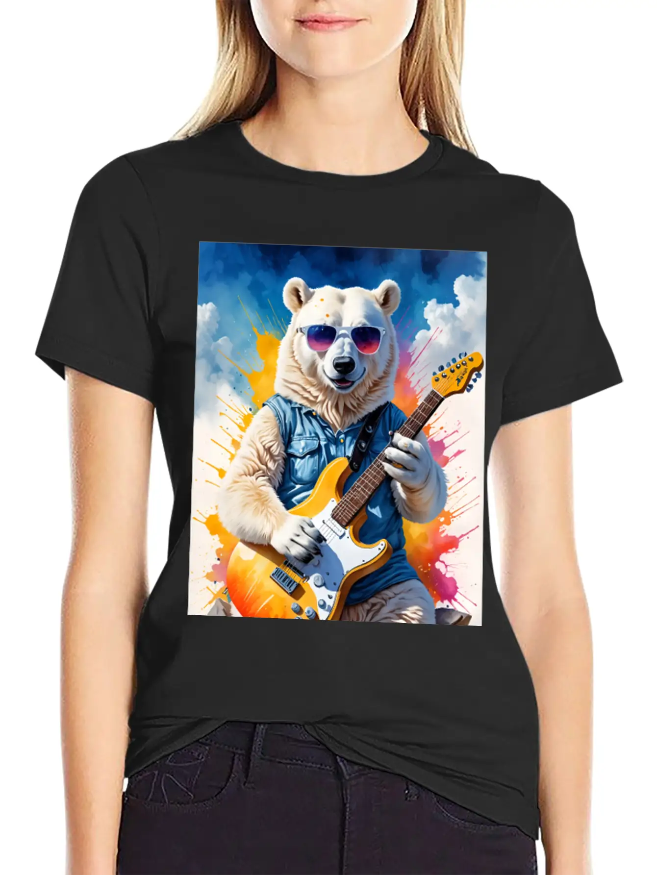 Bear Play Guitar Unisex Short Sleeve Soft Cotton T-Shirt – Casual Everyday Wear
