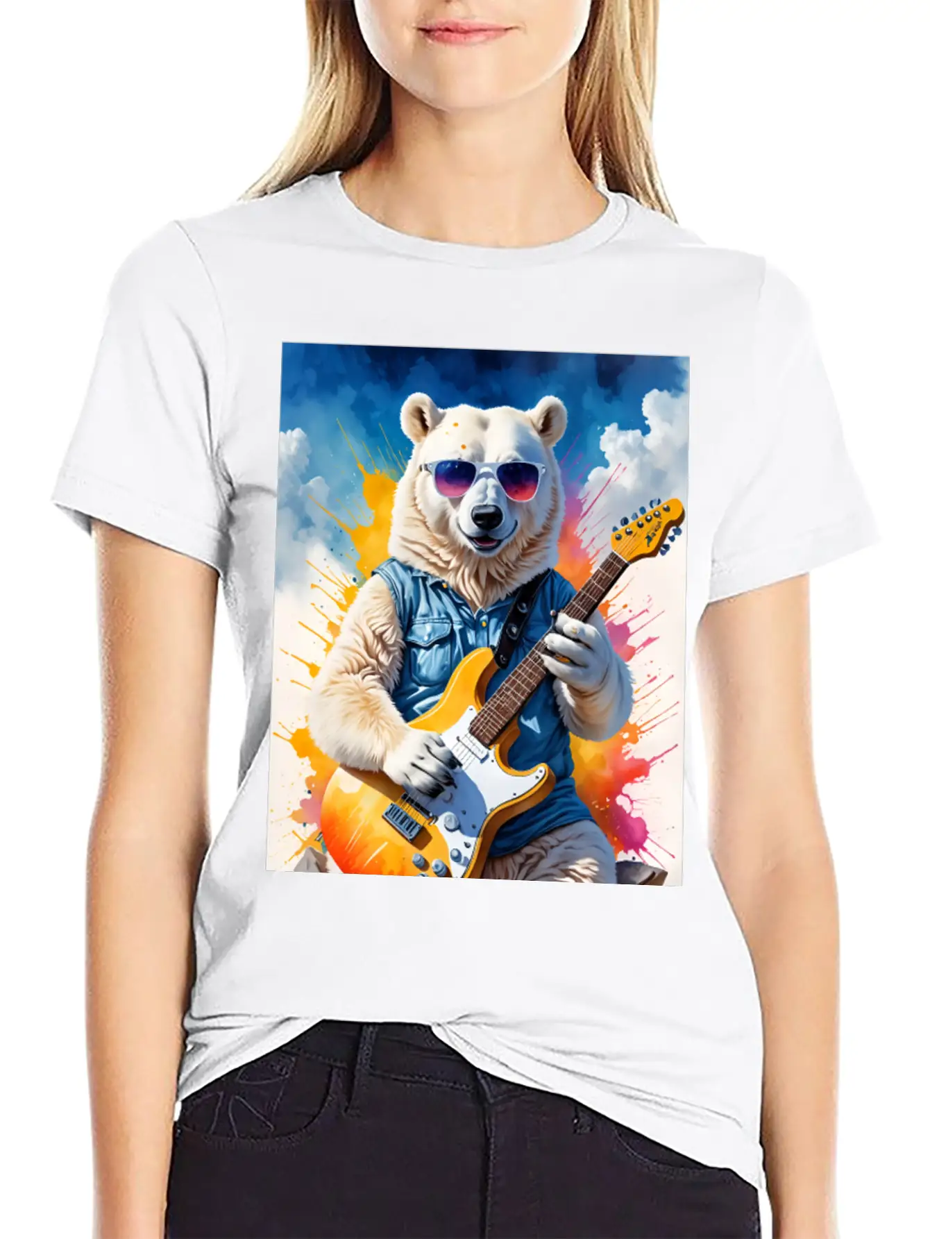 Bear Play Guitar Unisex Short Sleeve Soft Cotton T-Shirt – Casual Everyday Wear