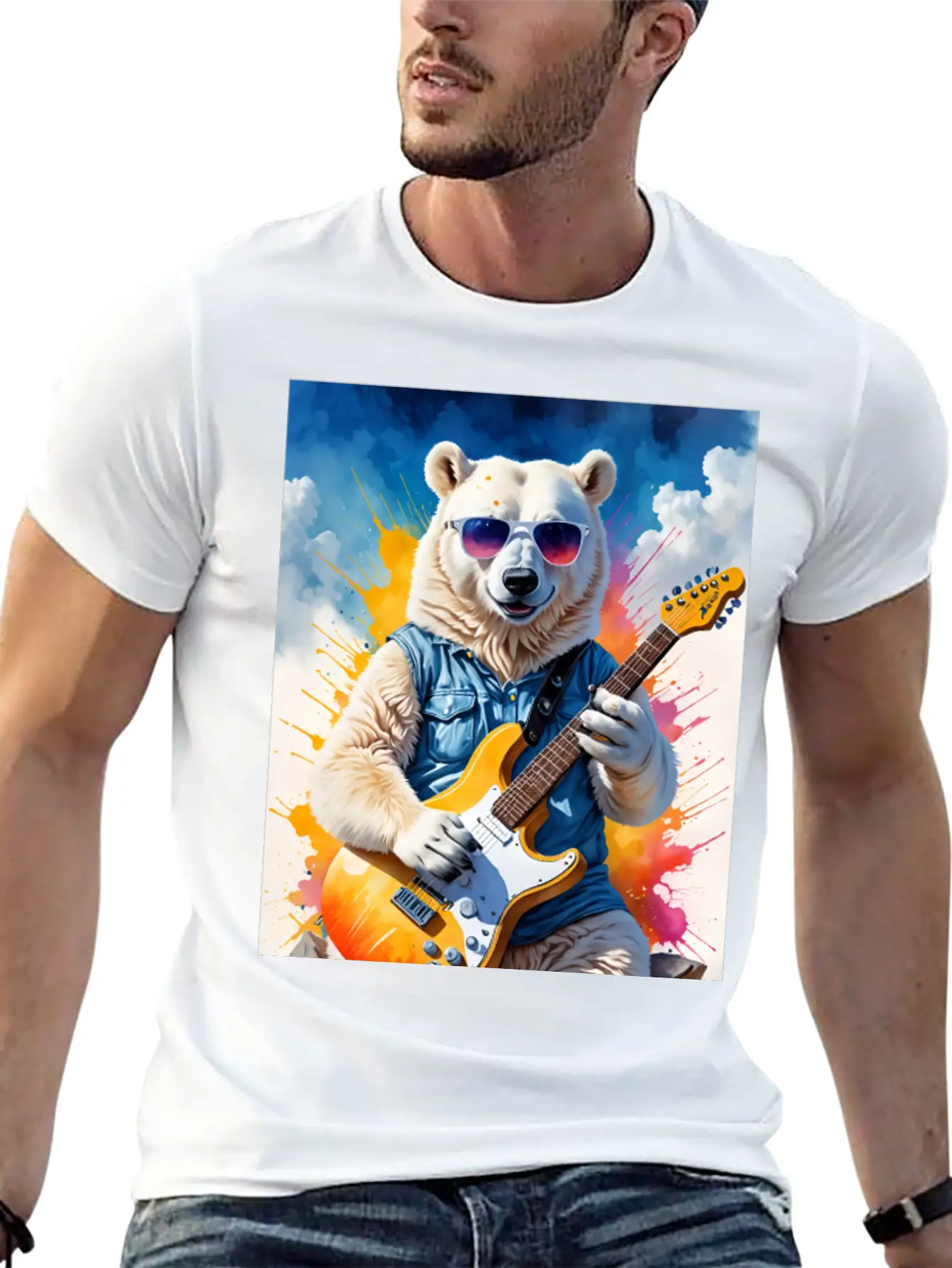 Bear Play Guitar Unisex Short Sleeve Soft Cotton T-Shirt – Casual Everyday Wear