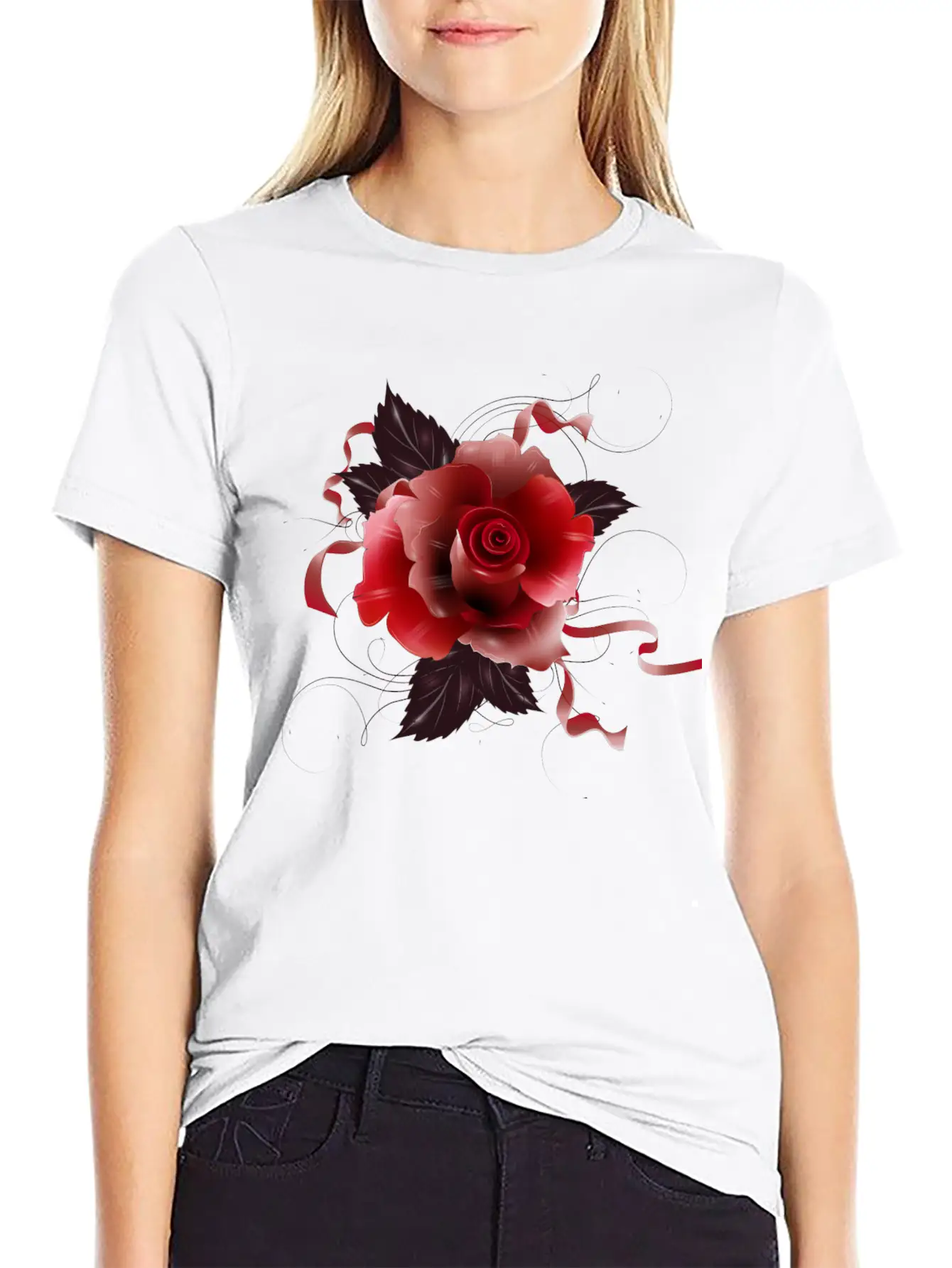 Beautiful Red Rose With Delicate Ribbons Breathable Graphic T-Shirt – Perfect For Casual Days