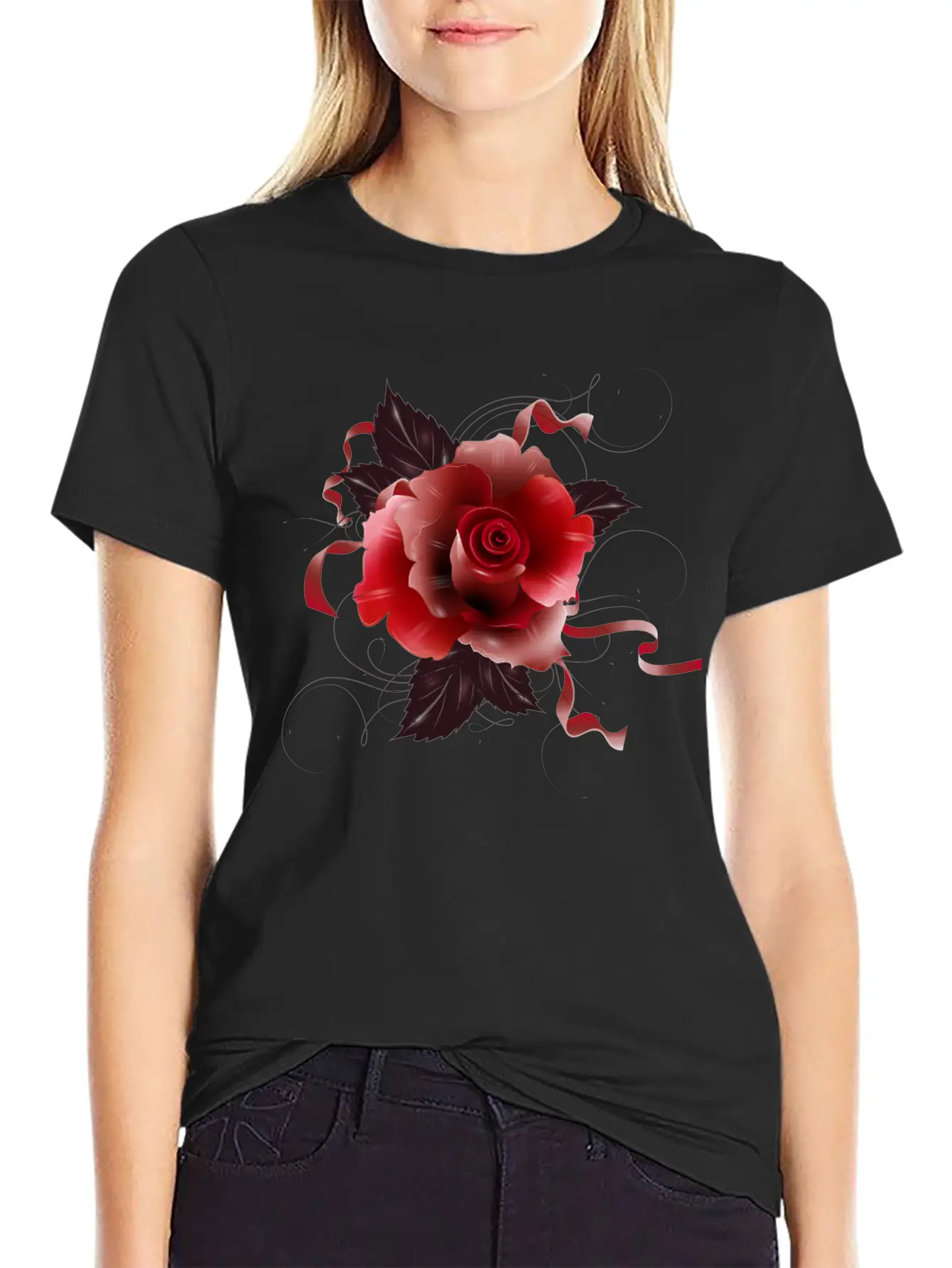 Beautiful Red Rose With Delicate Ribbons Breathable Graphic T-Shirt – Perfect For Casual Days