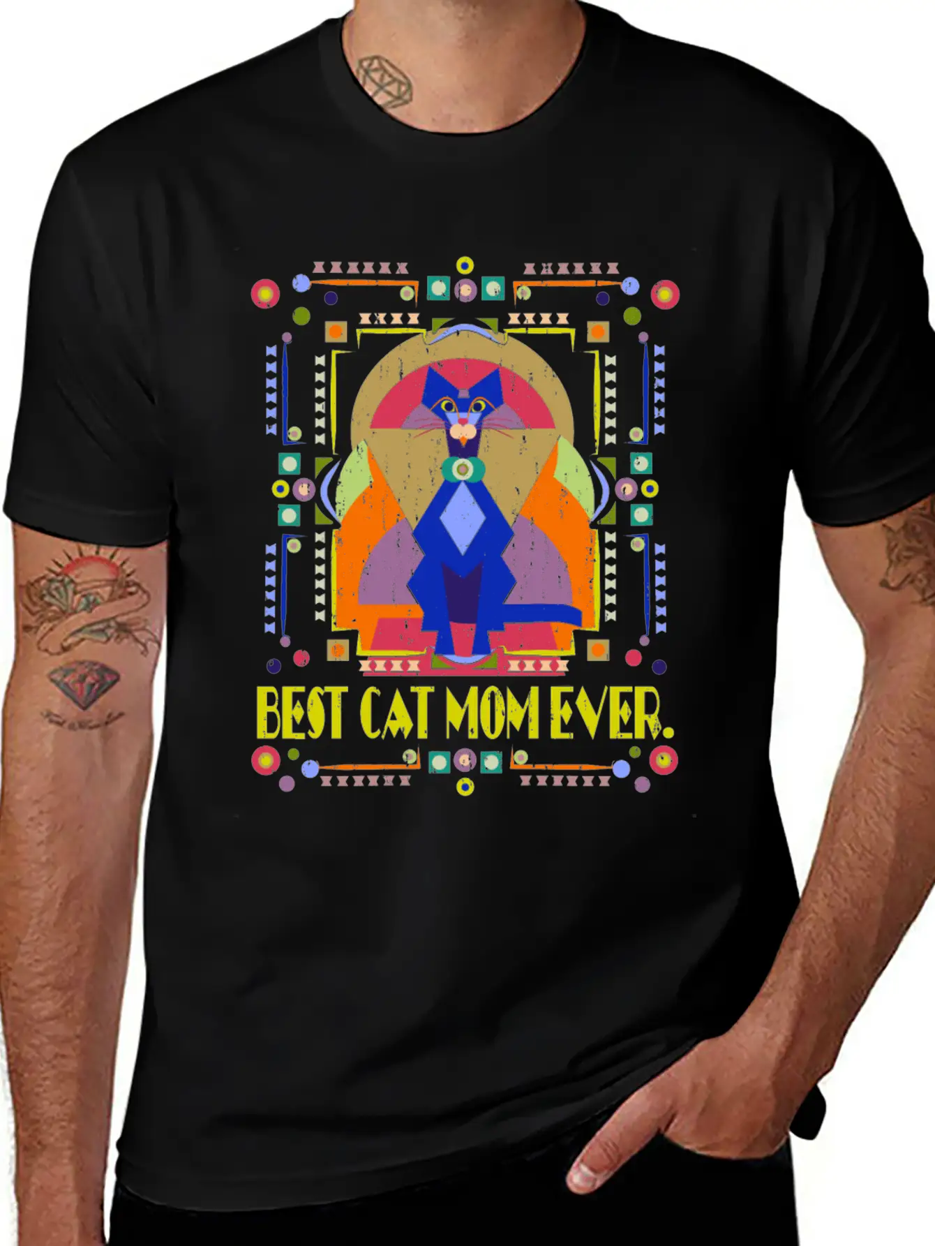Best Cat Mom Ever Colorful Art Deco Cat Lover Gift Stylish Everyday T-Shirt – Unisex Basic Cotton Tee