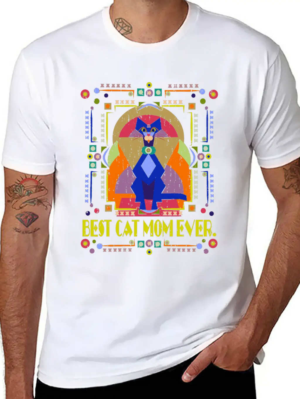 Best Cat Mom Ever Colorful Art Deco Cat Lover Gift Stylish Everyday T-Shirt – Unisex Basic Cotton Tee