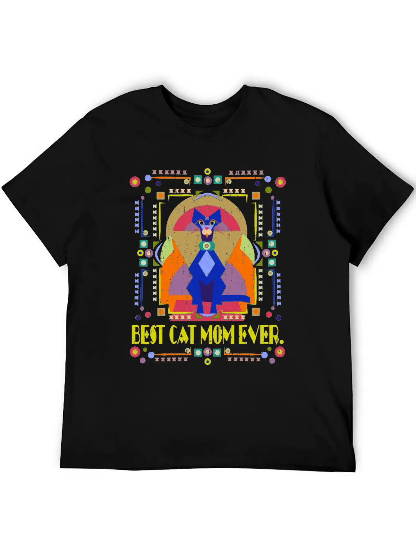 Best Cat Mom Ever Colorful Art Deco Cat Lover Gift Stylish Everyday T-Shirt – Unisex Basic Cotton Tee