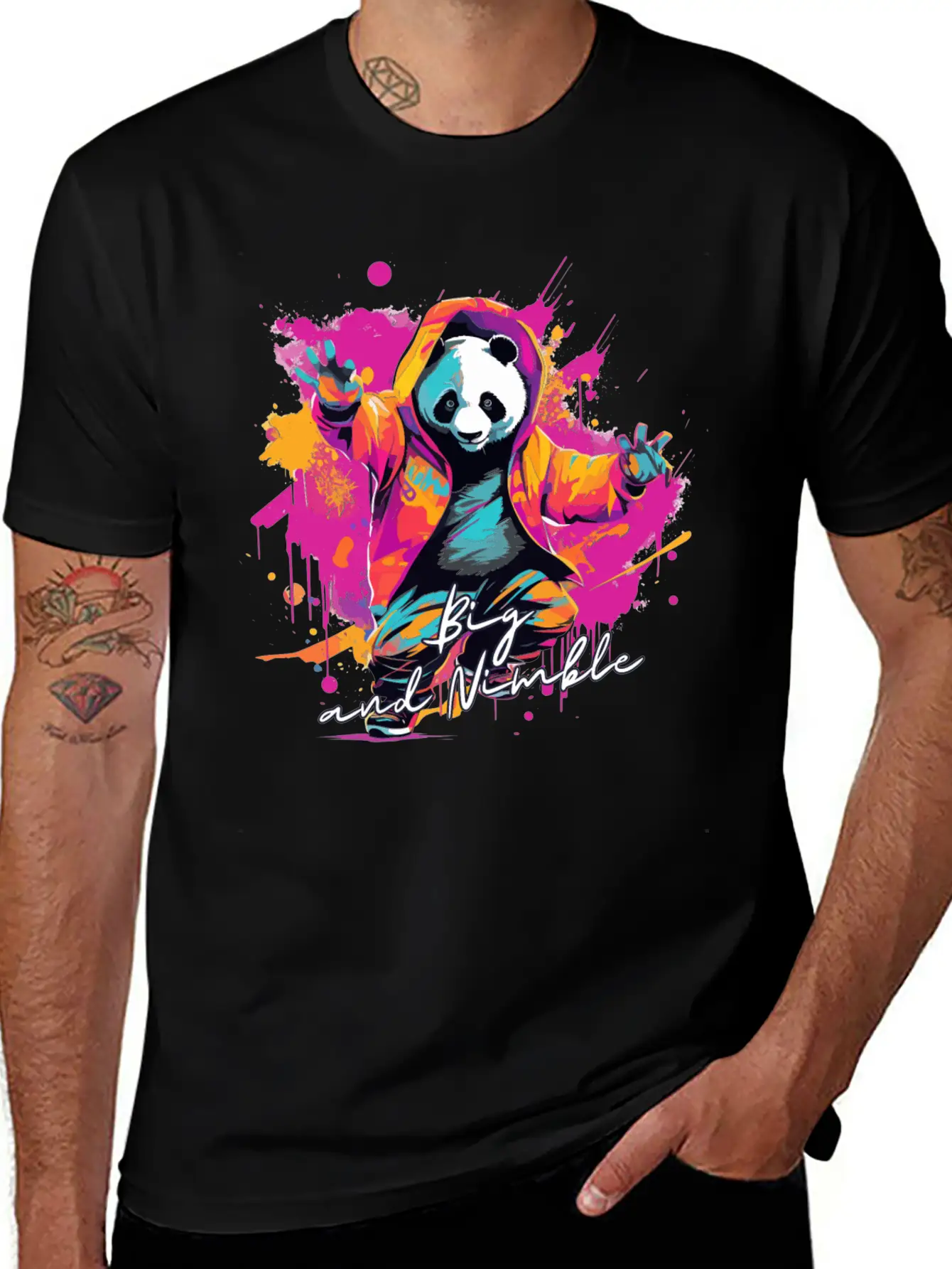 Big And Nimble Tee: Panda Synthwave Graffiti Kids Unisex Casual T-Shirt – Clean Design For Daily Comfort