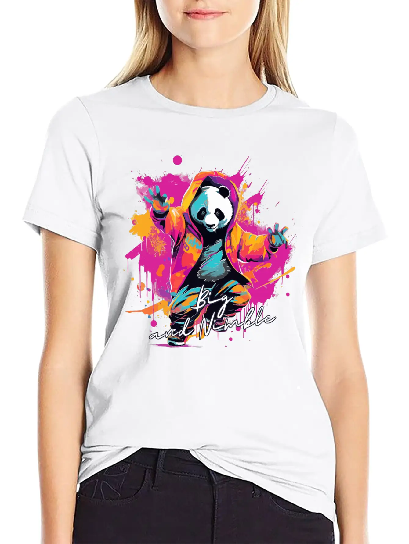 Big And Nimble Tee: Panda Synthwave Graffiti Kids Unisex Casual T-Shirt – Clean Design For Daily Comfort