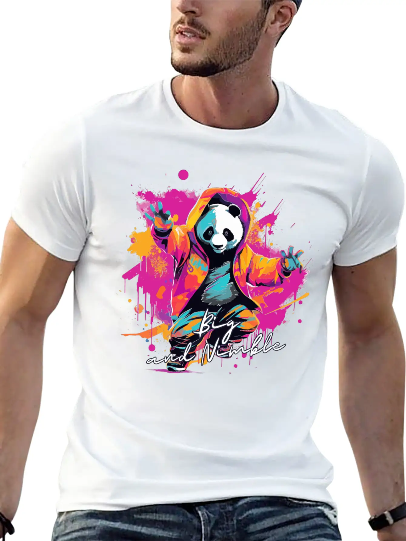 Big And Nimble Tee: Panda Synthwave Graffiti Kids Unisex Casual T-Shirt – Clean Design For Daily Comfort