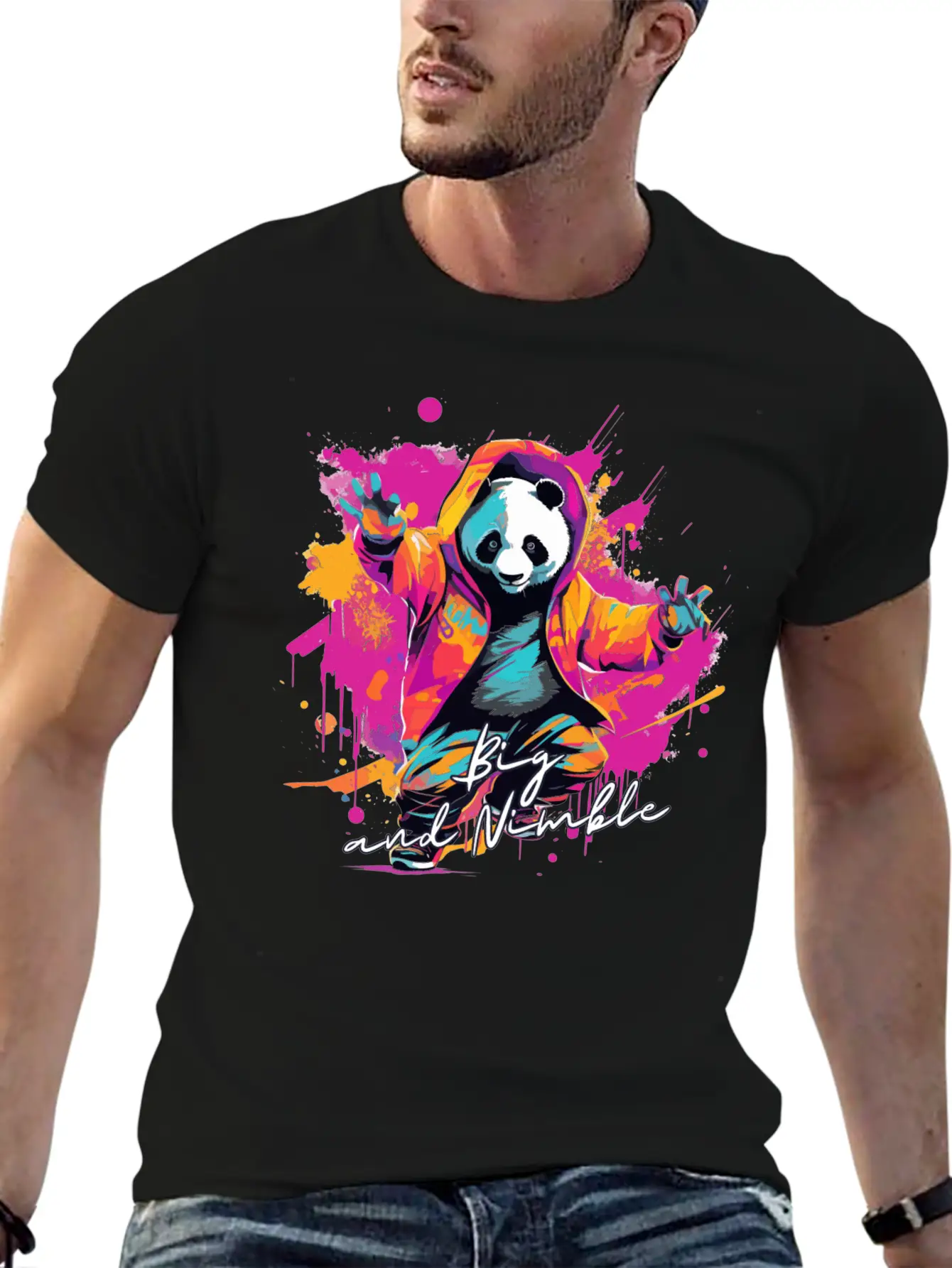 Big And Nimble Tee: Panda Synthwave Graffiti Kids Unisex Casual T-Shirt – Clean Design For Daily Comfort