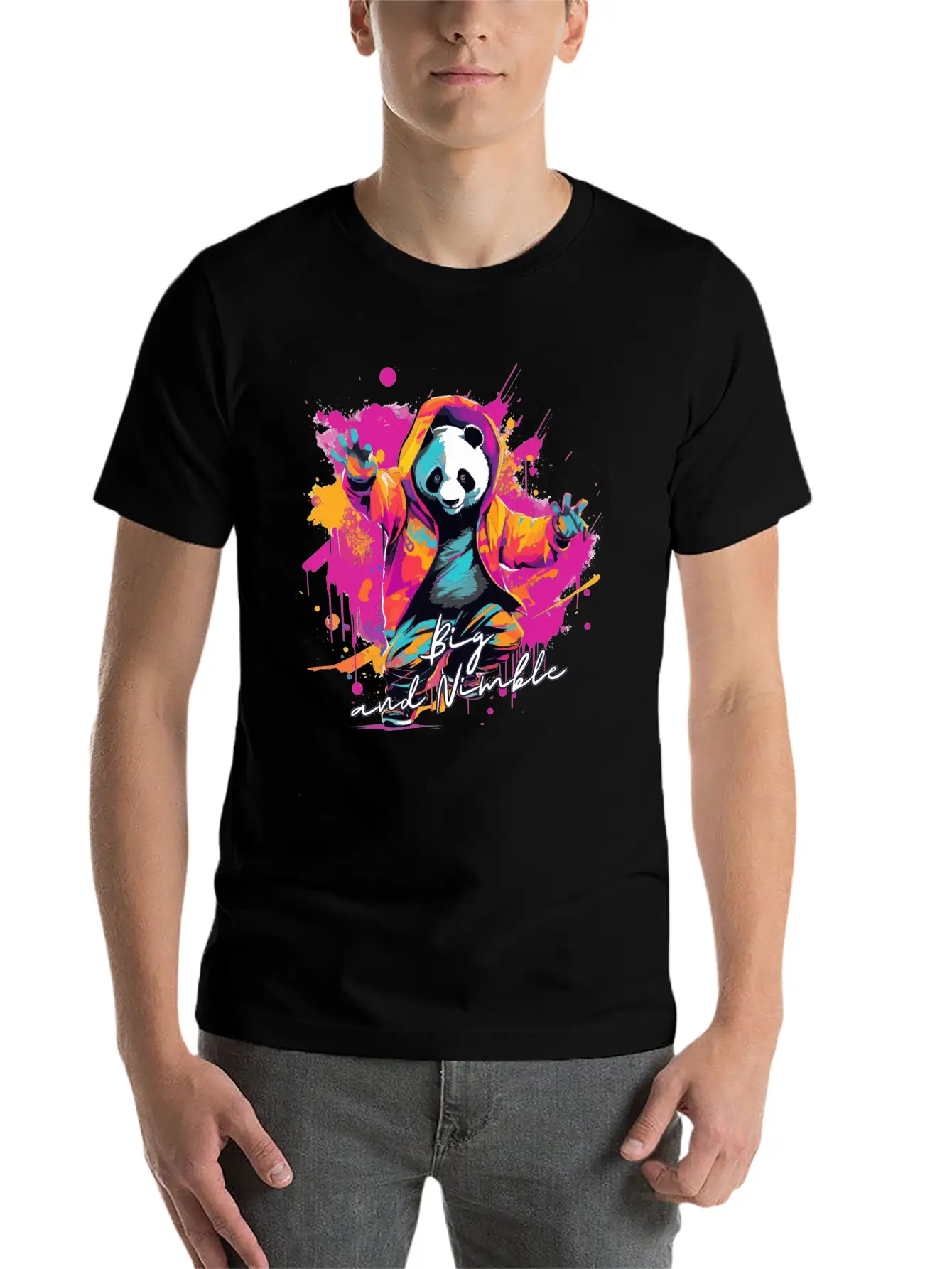Big And Nimble Tee: Panda Synthwave Graffiti Kids Unisex Casual T-Shirt – Clean Design For Daily Comfort