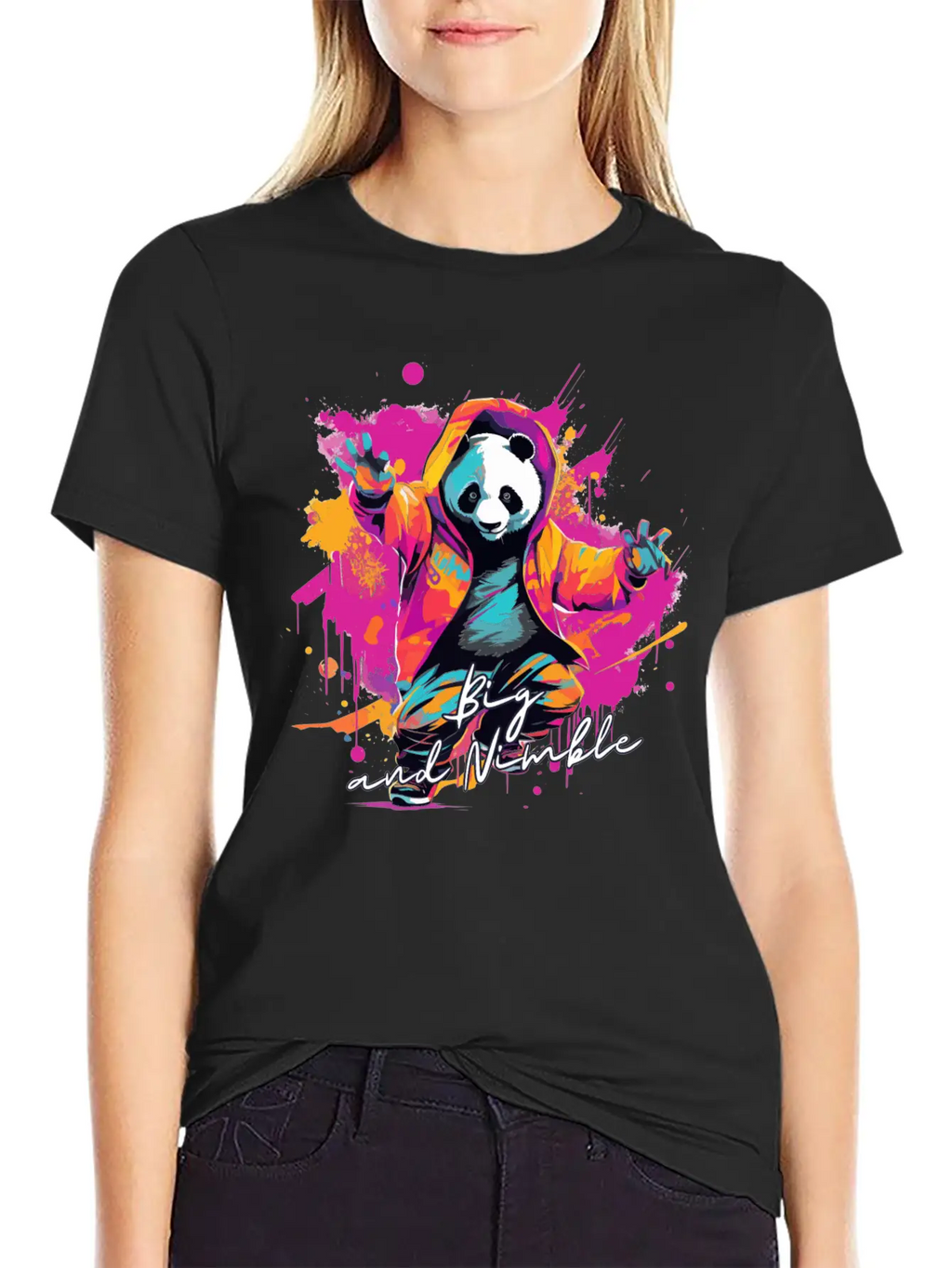 Big And Nimble Tee: Panda Synthwave Graffiti Kids Unisex Casual T-Shirt – Clean Design For Daily Comfort