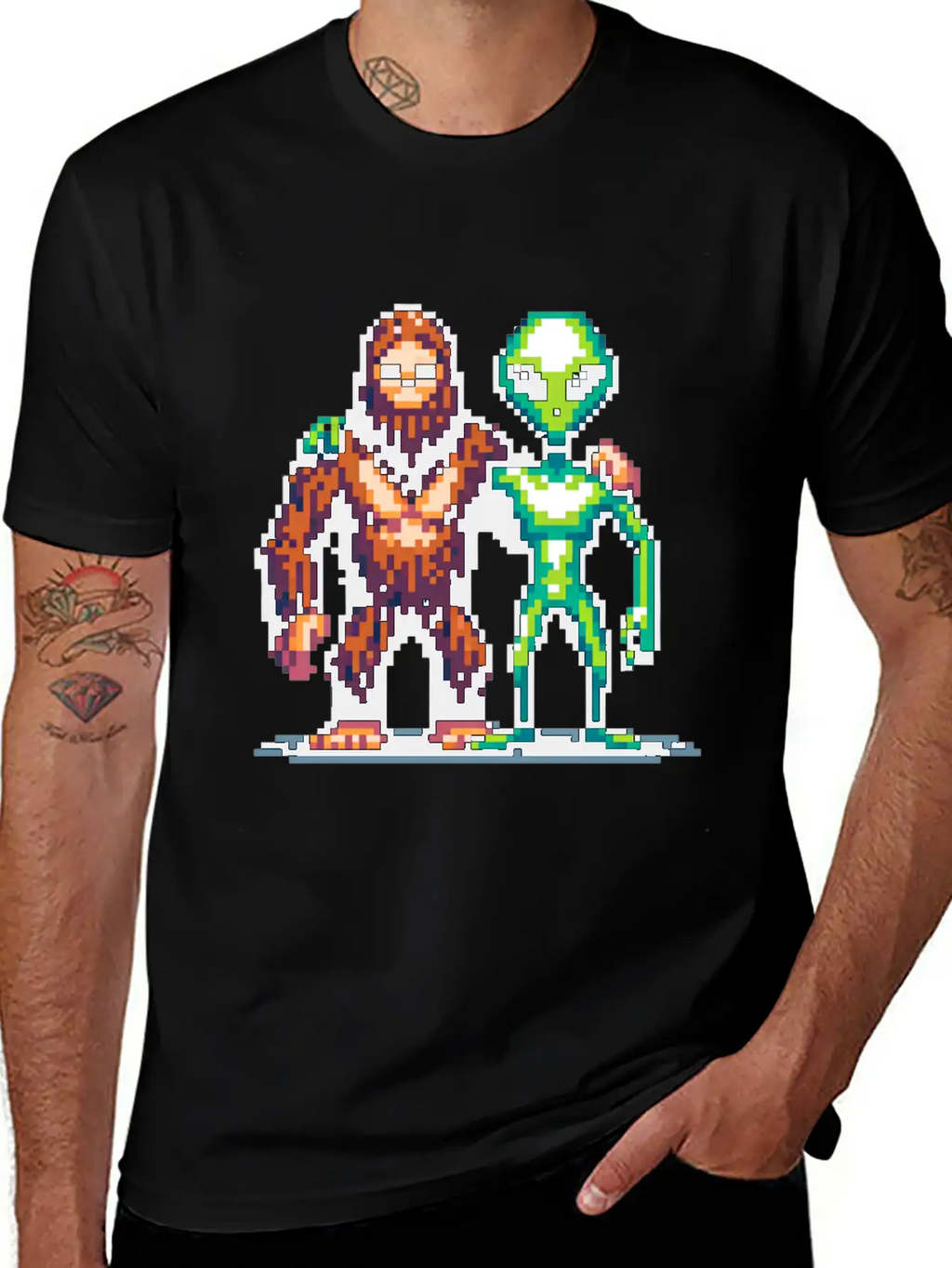 Bigfoot And Alien Friends Pixel Art Unisex Casual T-Shirt – Clean Design For Daily Comfort
